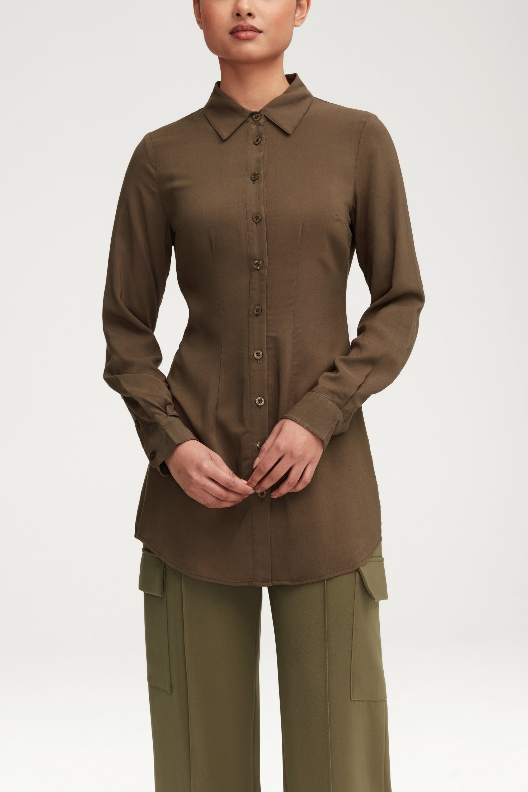 Sarah Fitted Button Down Top - Dark Olive Clothing epschoolboard 
