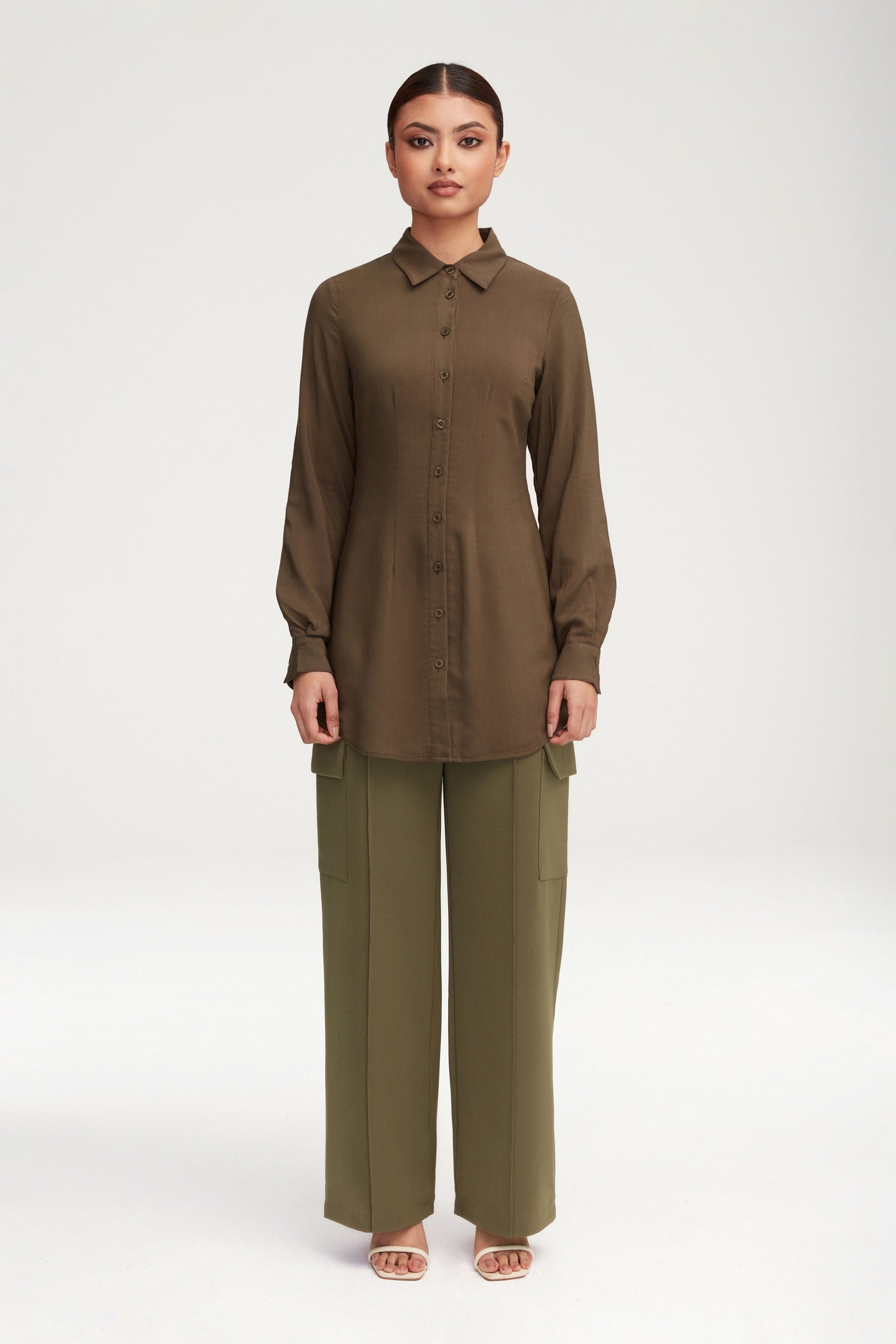 Sarah Fitted Button Down Top - Dark Olive Clothing epschoolboard 