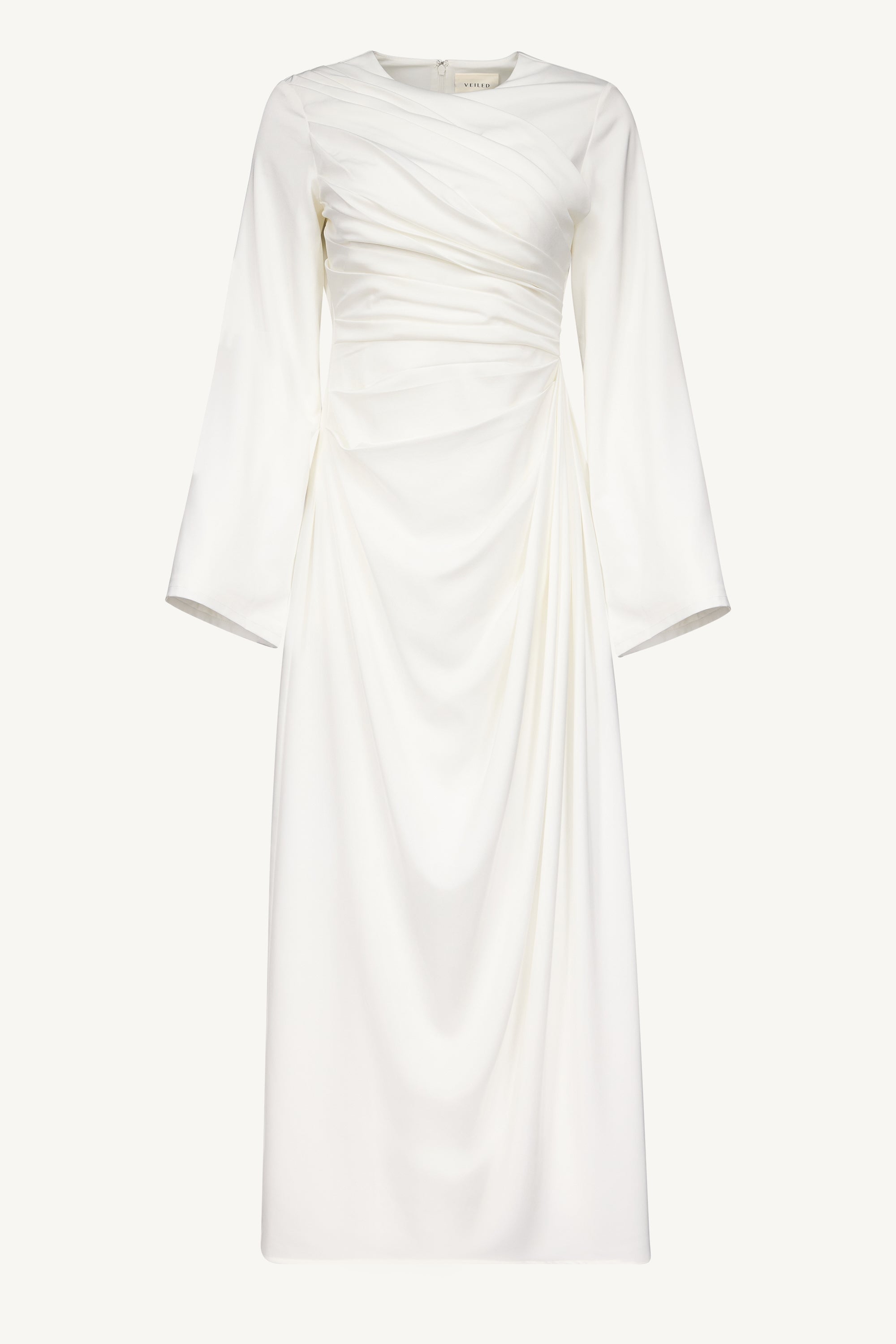 Satin Asymmetric Rouched Maxi Dress Dresses Veiled