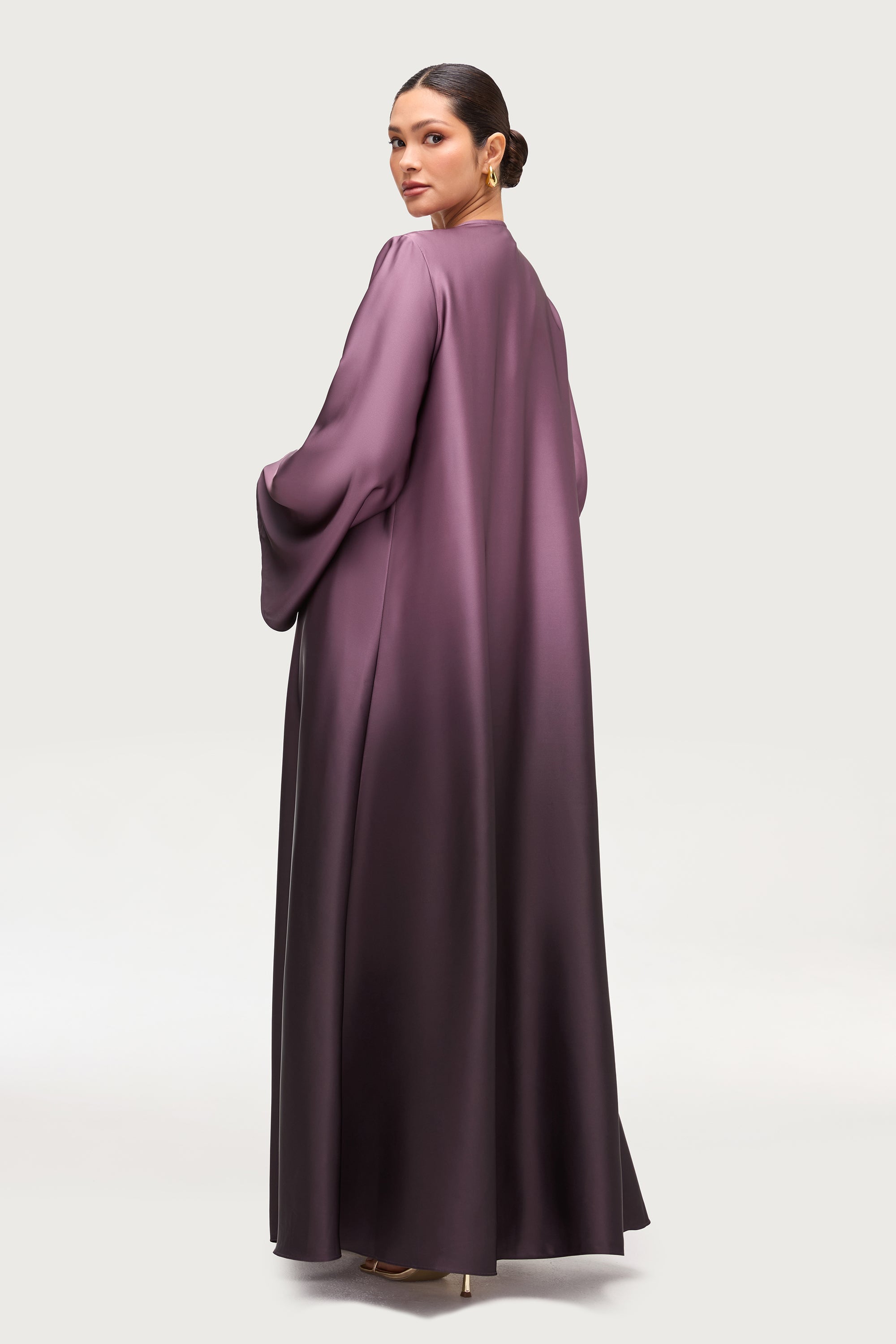 Satin Ombre Open Abaya - Chocolate Plum Abayas Veiled