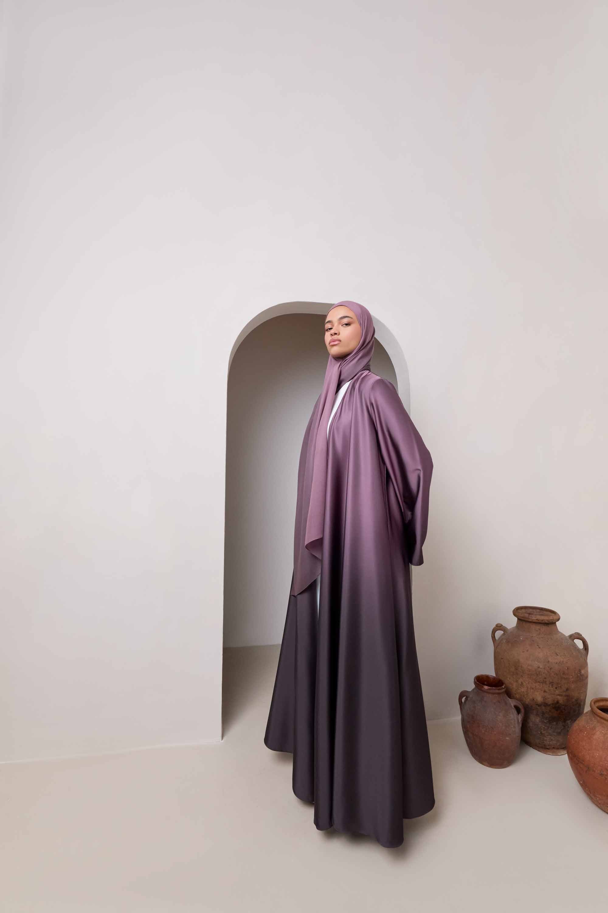 Satin Ombre Open Abaya - Chocolate Plum Abayas Veiled