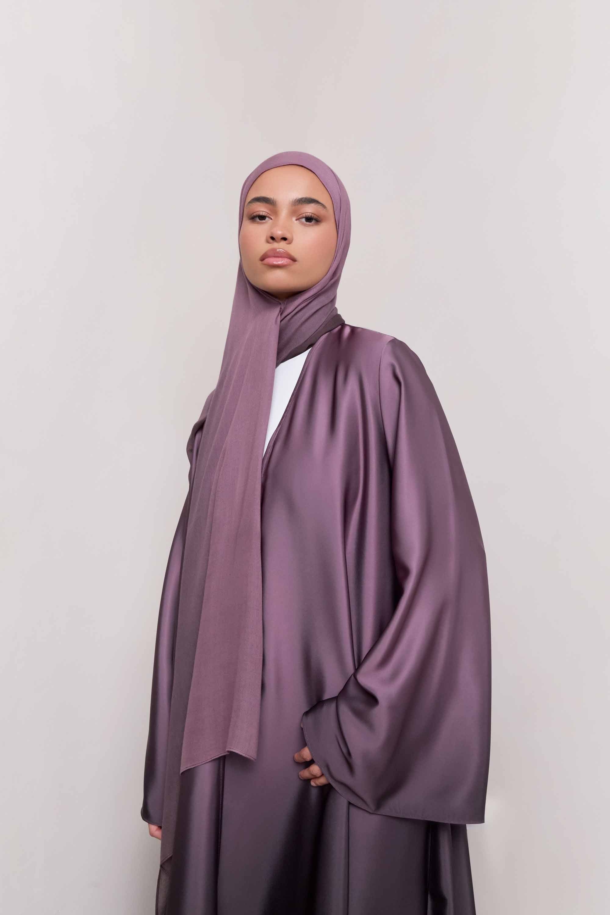 Satin Ombre Open Abaya - Chocolate Plum Abayas Veiled