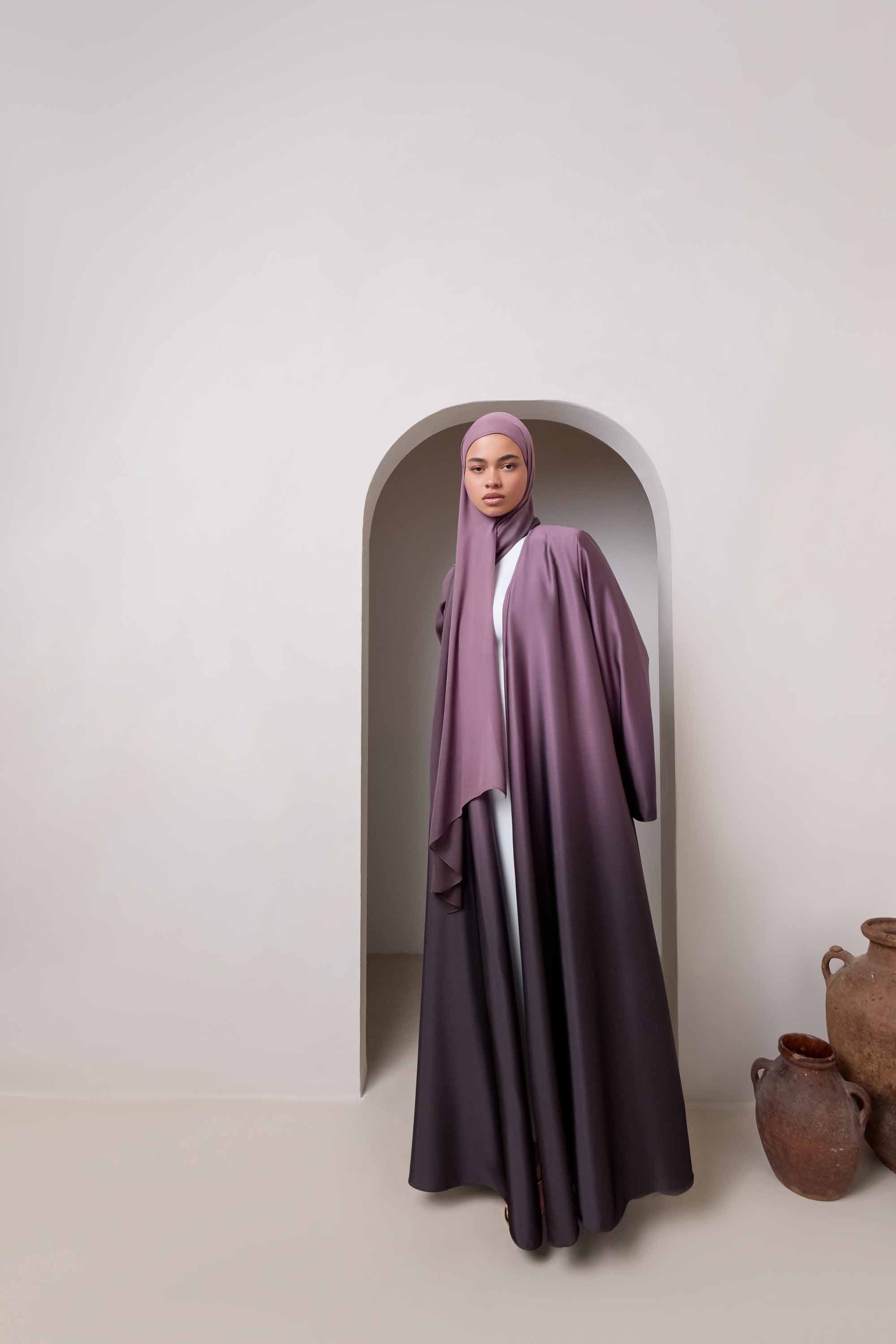 Satin Ombre Open Abaya - Chocolate Plum Abayas Veiled