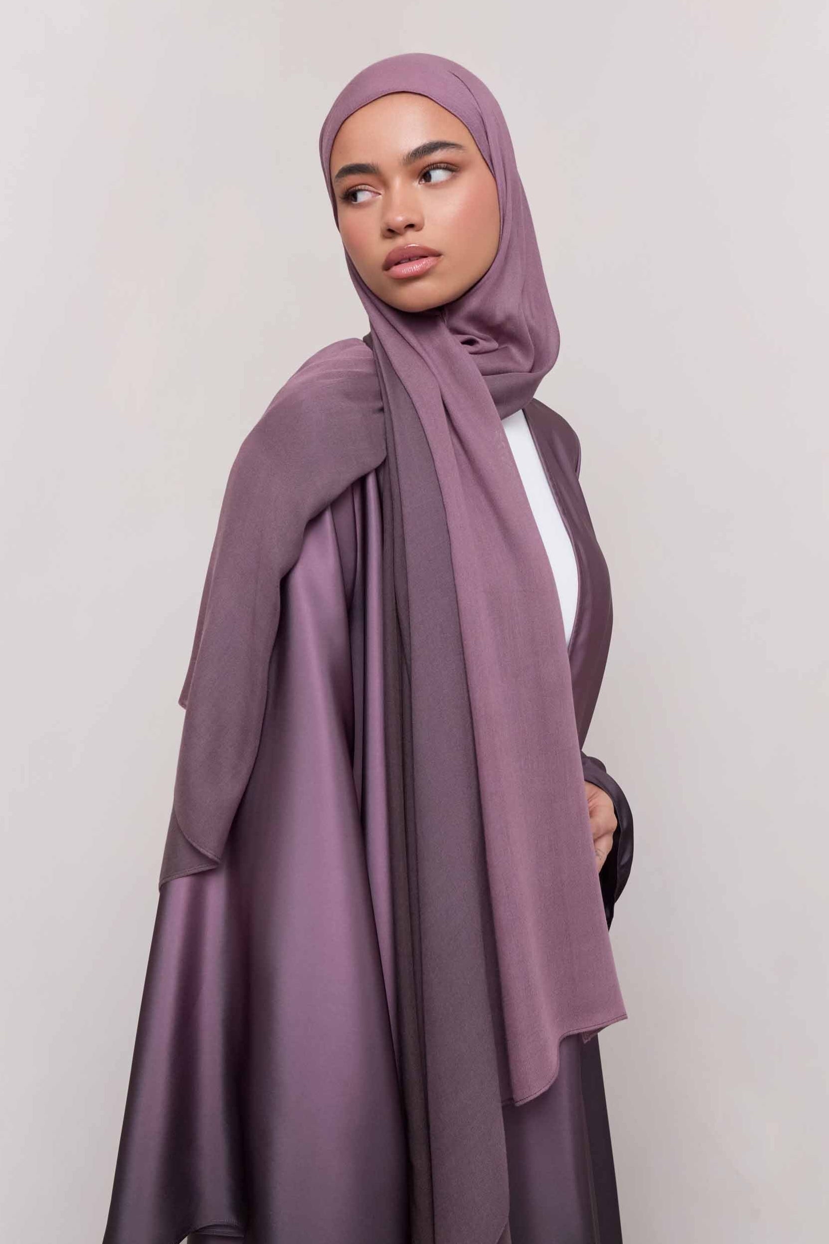 Satin Ombre Open Abaya - Chocolate Plum Abayas Veiled