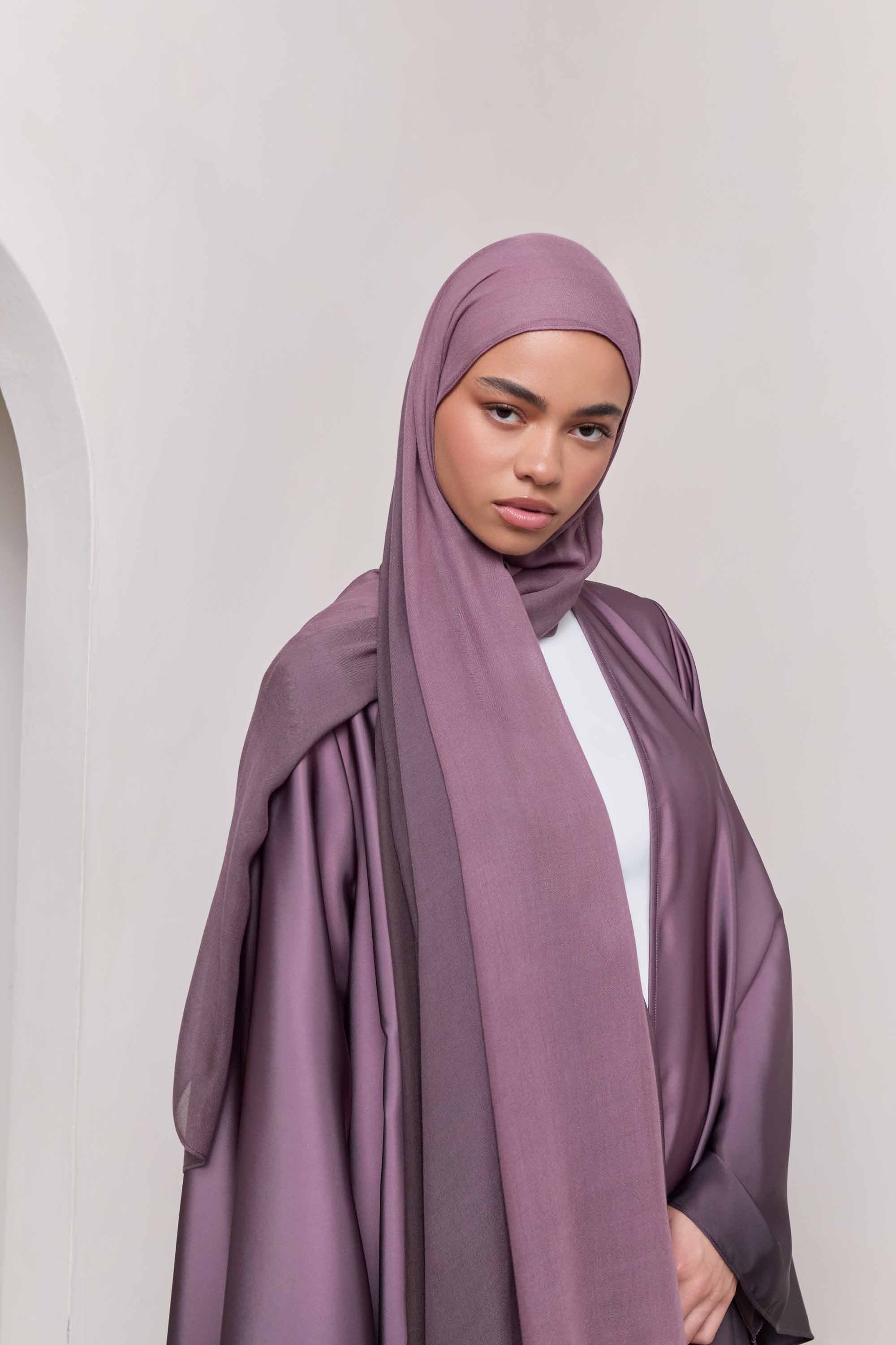 Satin Ombre Open Abaya - Chocolate Plum Abayas Veiled