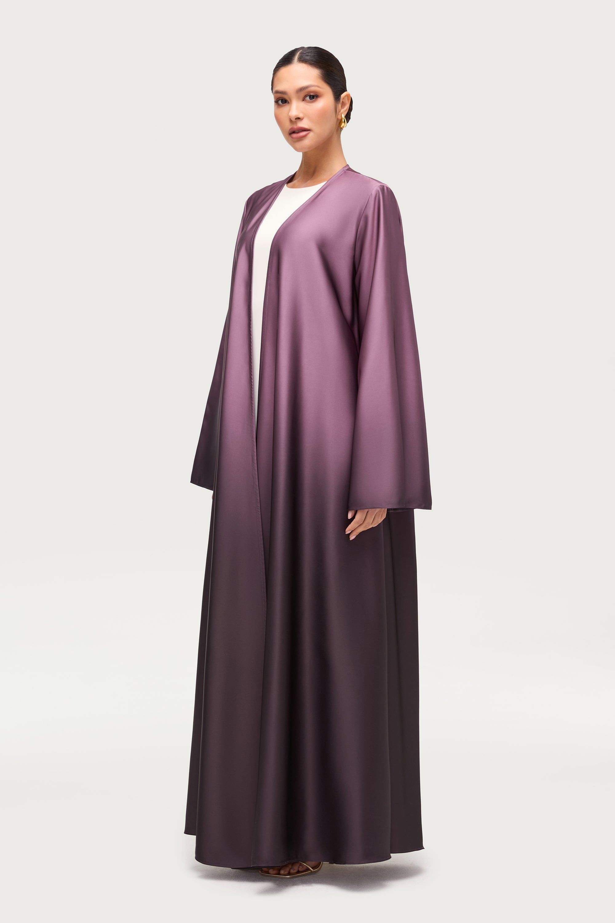 Satin Ombre Open Abaya - Chocolate Plum Abayas Veiled