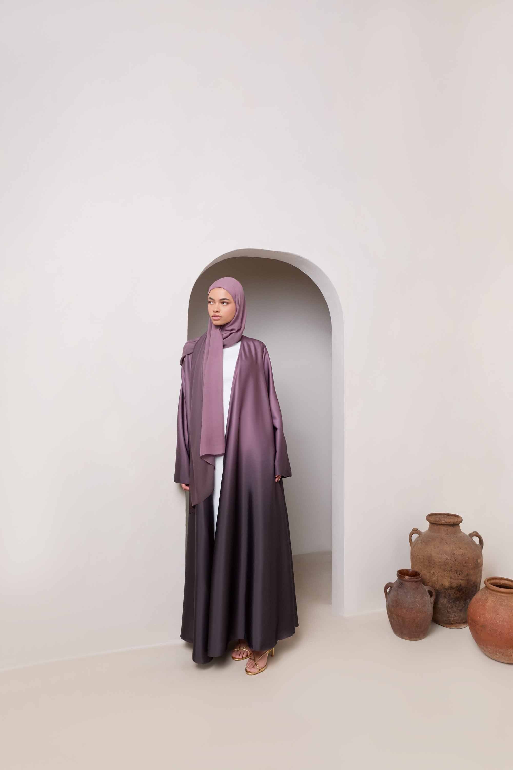 Satin Ombre Open Abaya - Chocolate Plum Abayas Veiled