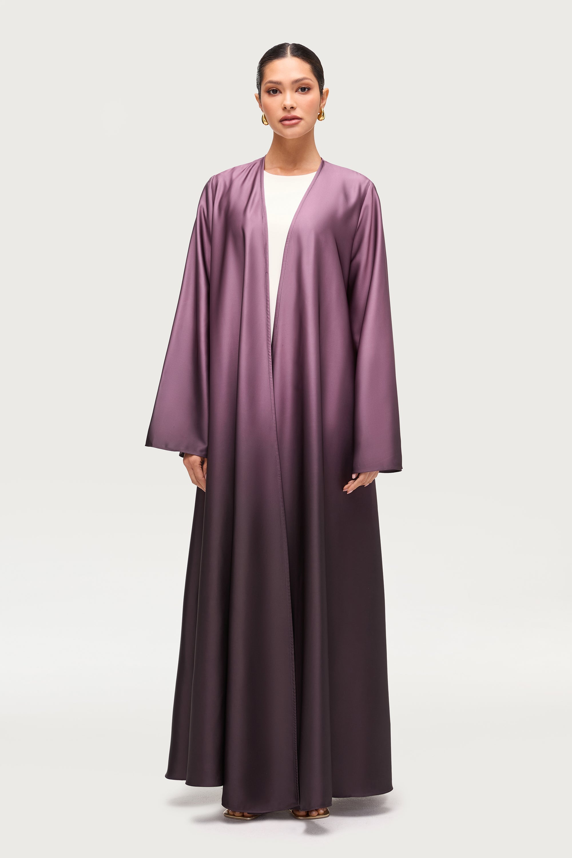 Satin Ombre Open Abaya - Chocolate Plum Abayas Veiled