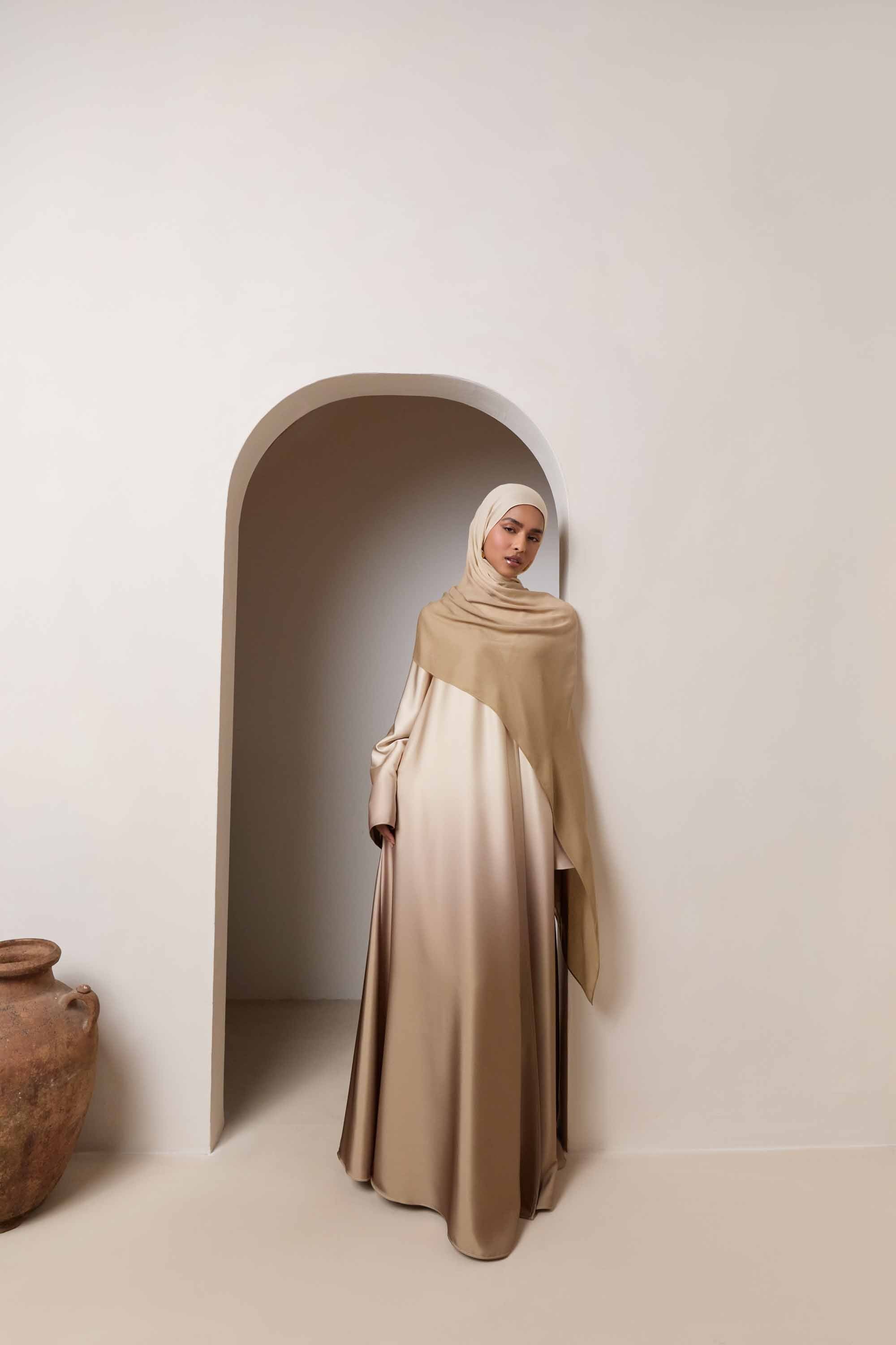 Satin Ombre Open Abaya - Cocoa Creme Abayas Veiled