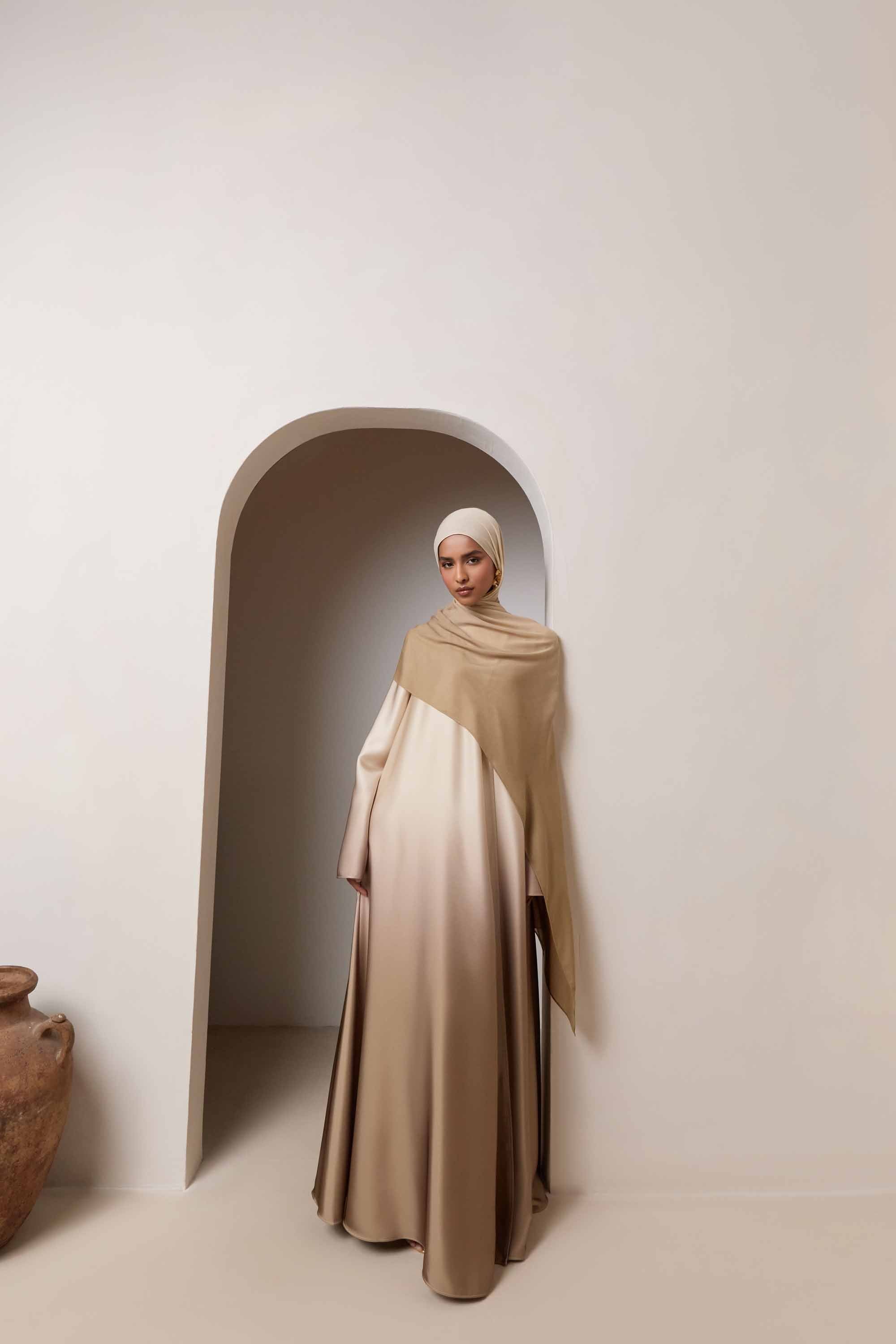 Satin Ombre Open Abaya - Cocoa Creme Abayas Veiled