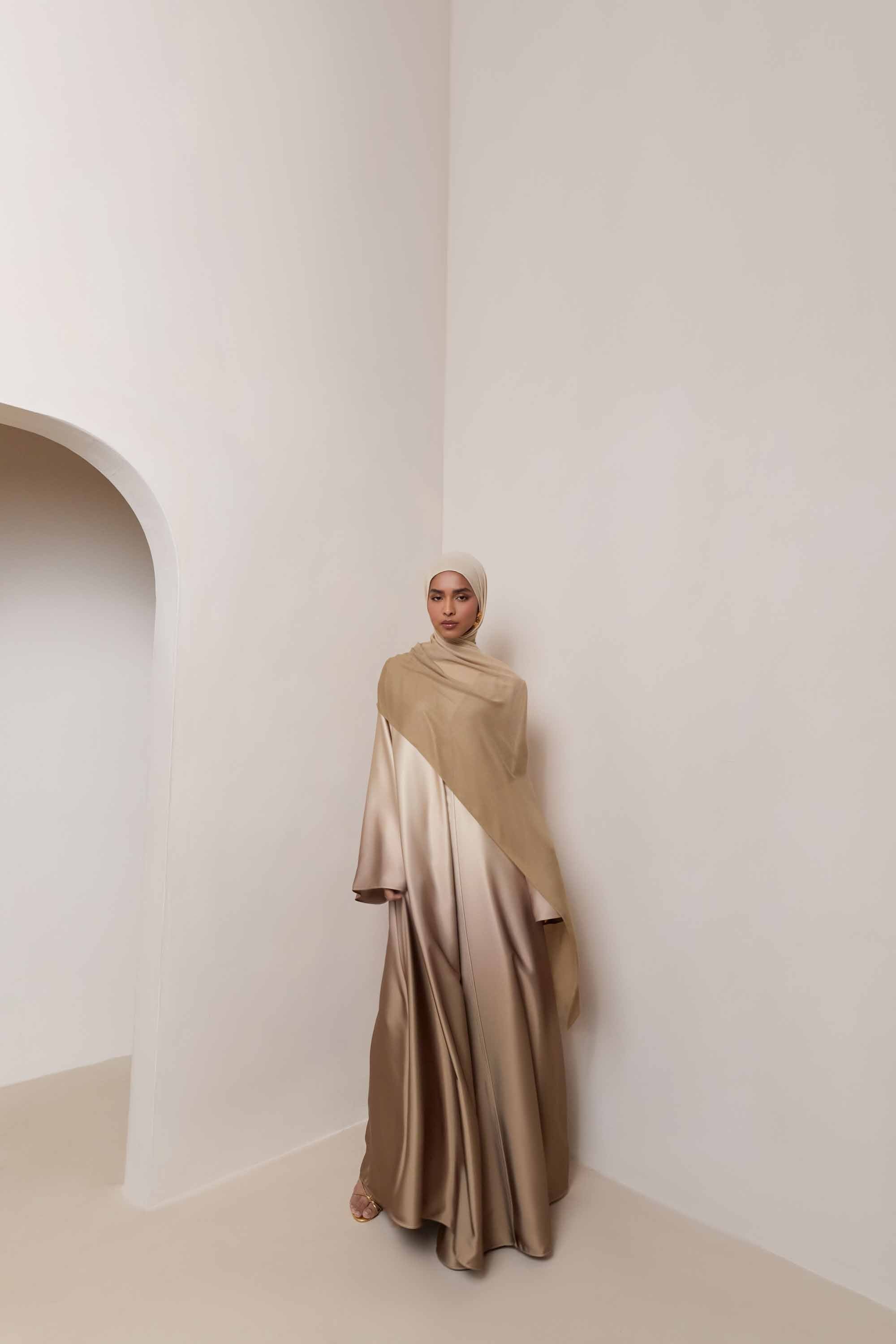 Satin Ombre Open Abaya - Cocoa Creme Abayas Veiled