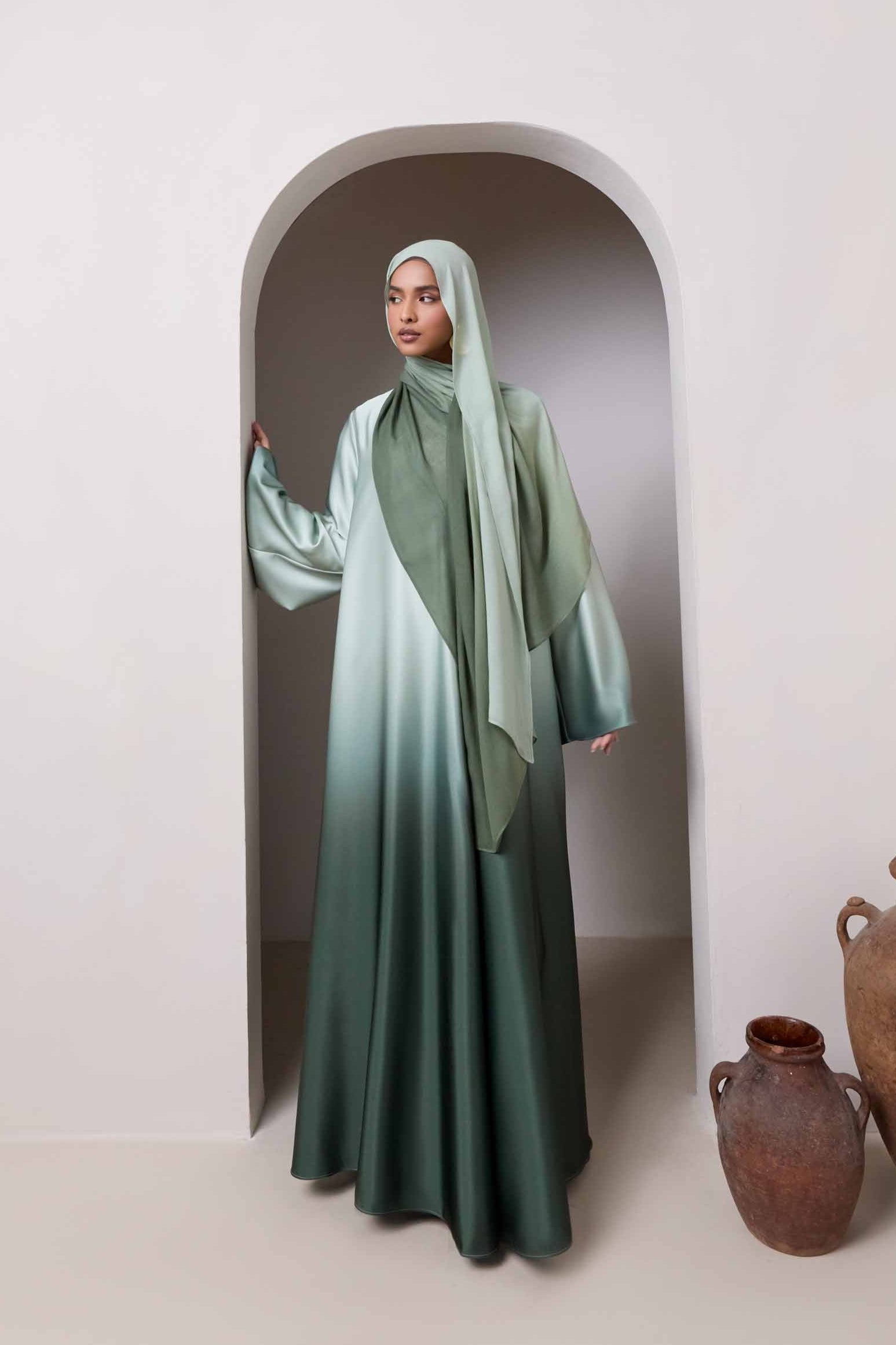 Satin Ombre Open Abaya - Dark Olive Abayas Veiled