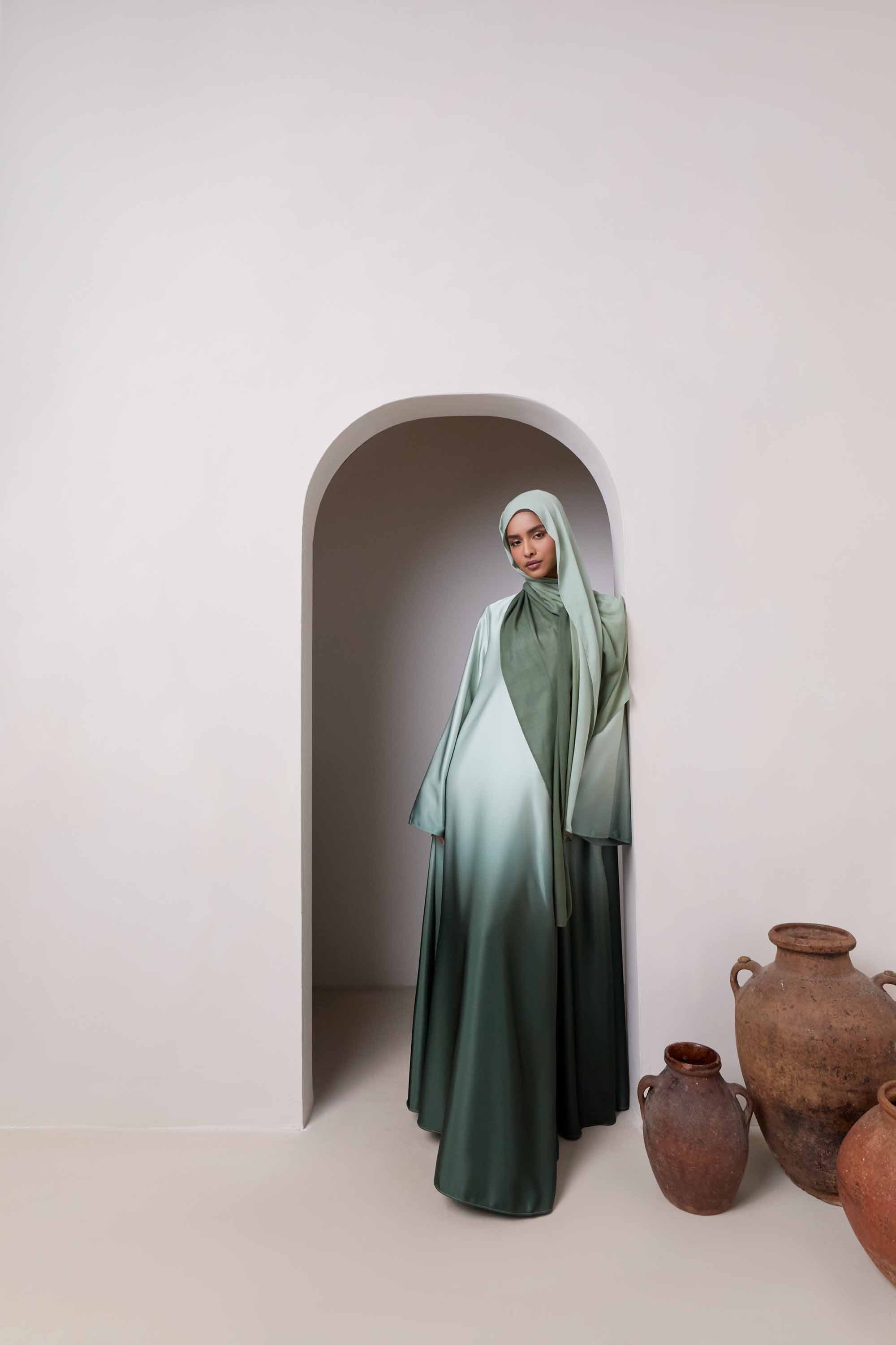 Satin Ombre Open Abaya - Dark Olive Abayas Veiled