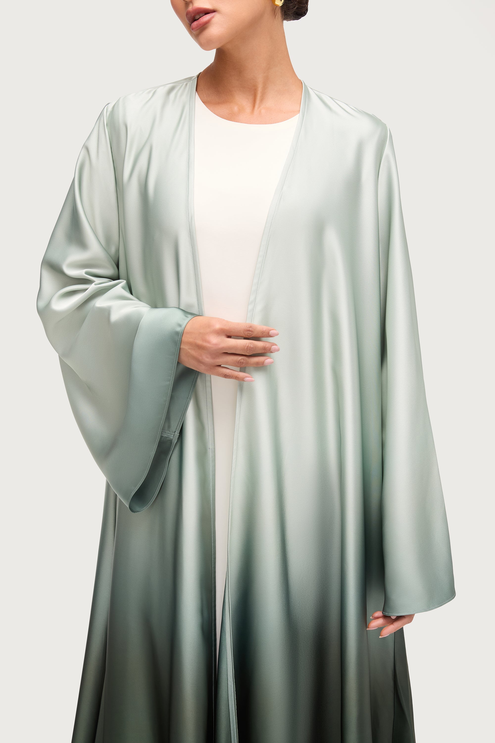 Satin Ombre Open Abaya - Dark Olive Abayas Veiled