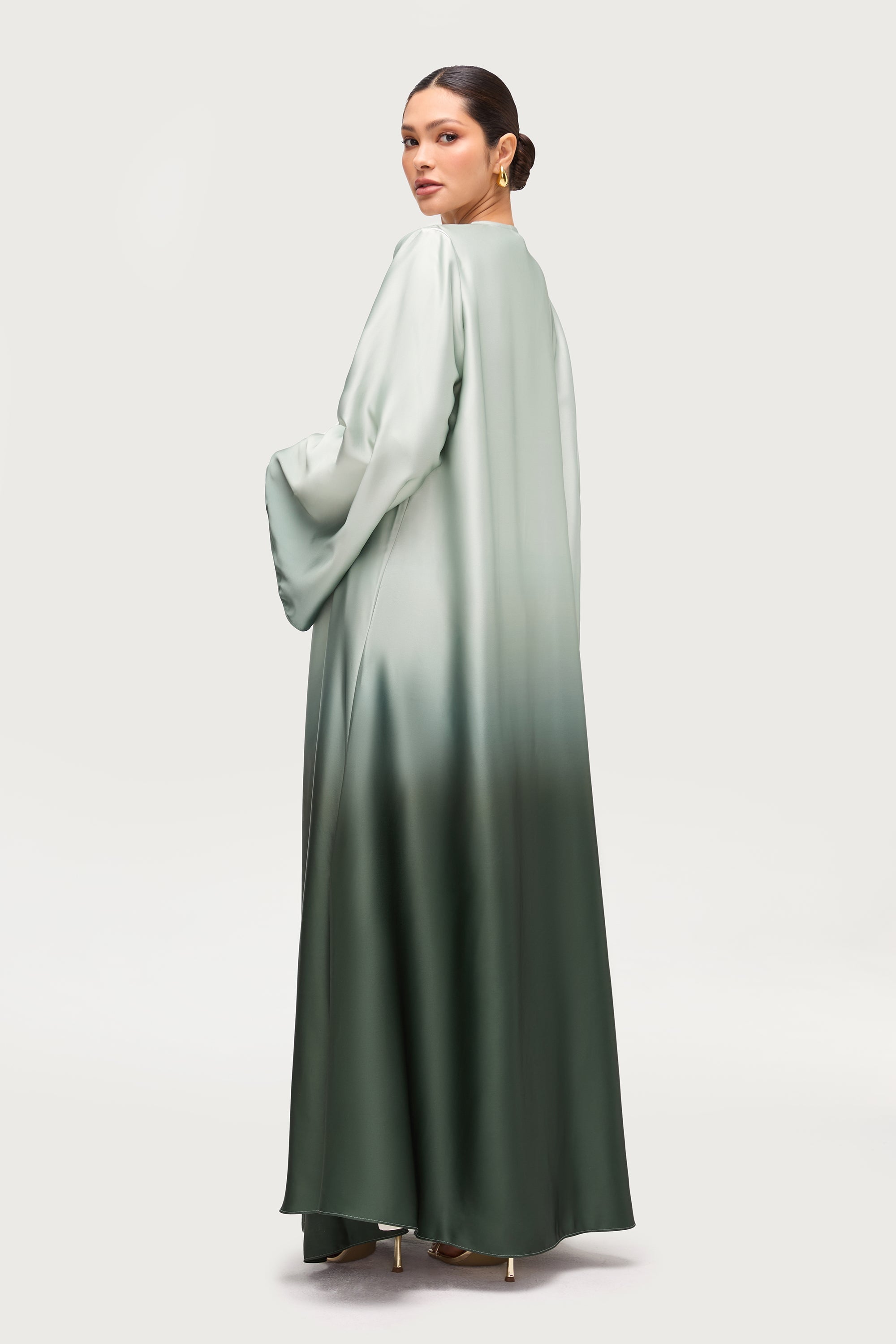 Satin Ombre Open Abaya - Dark Olive Abayas Veiled