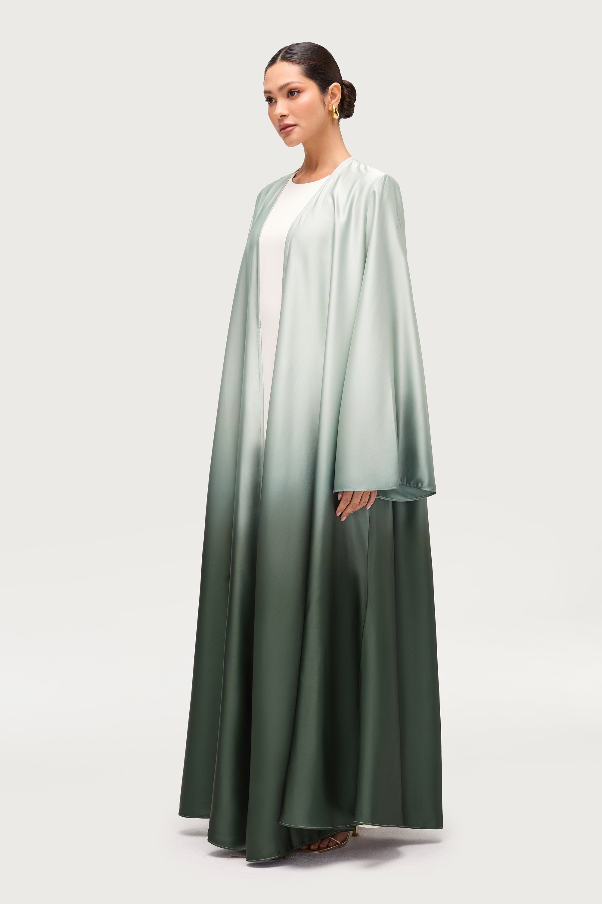 Satin Ombre Open Abaya - Dark Olive Abayas Veiled