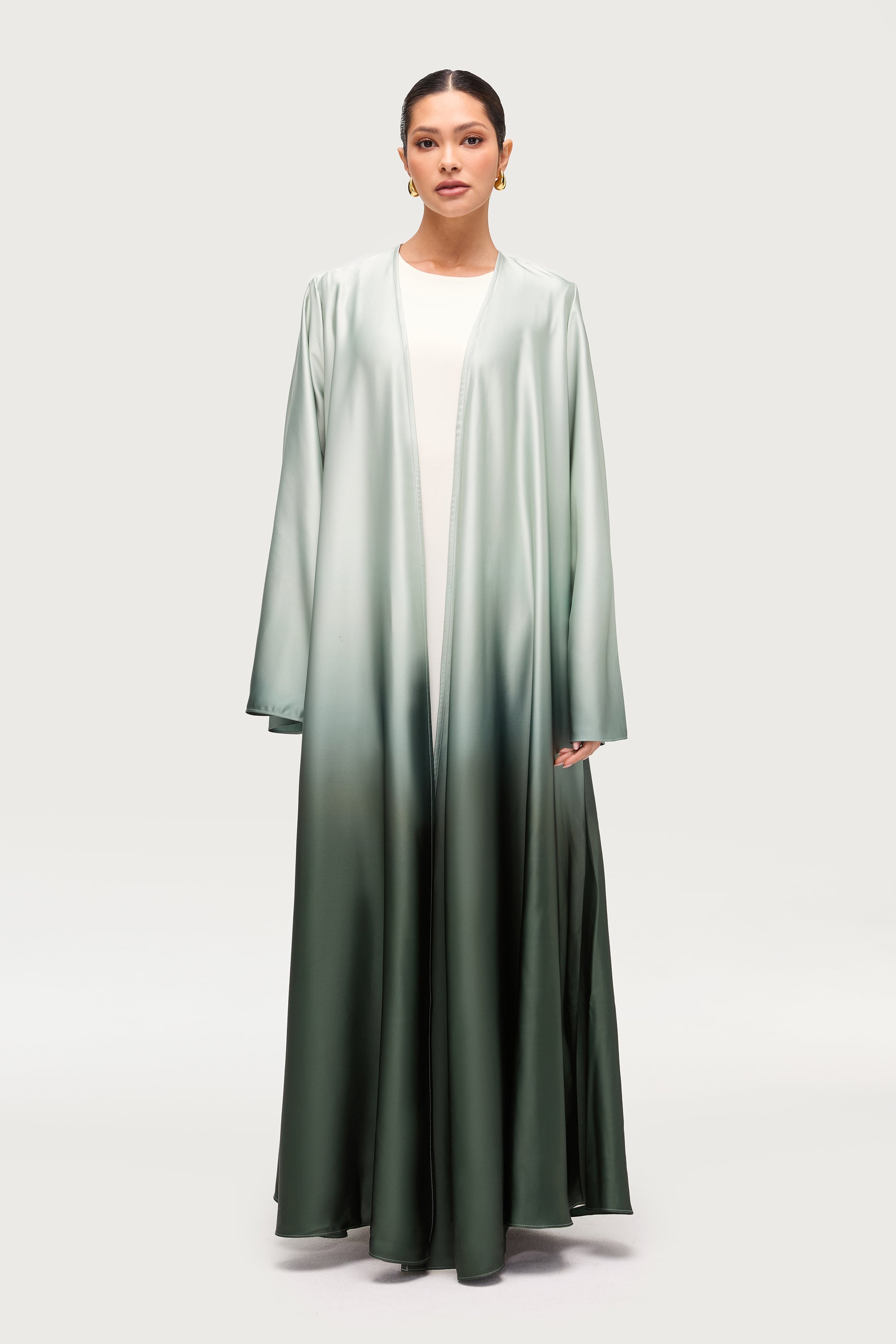 Satin Ombre Open Abaya - Dark Olive Abayas Veiled