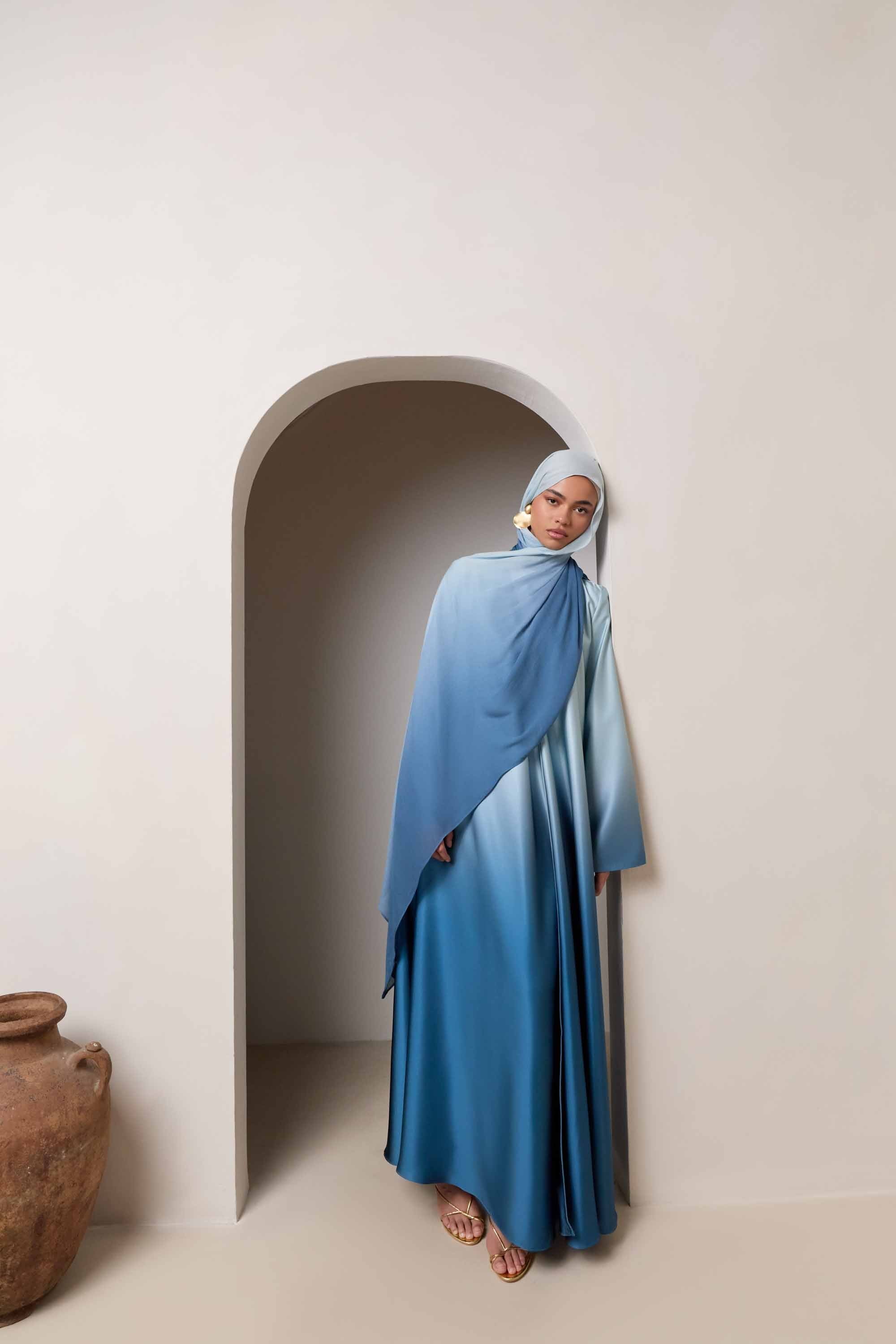 Satin Ombre Open Abaya - Dusk Sky Abayas Veiled
