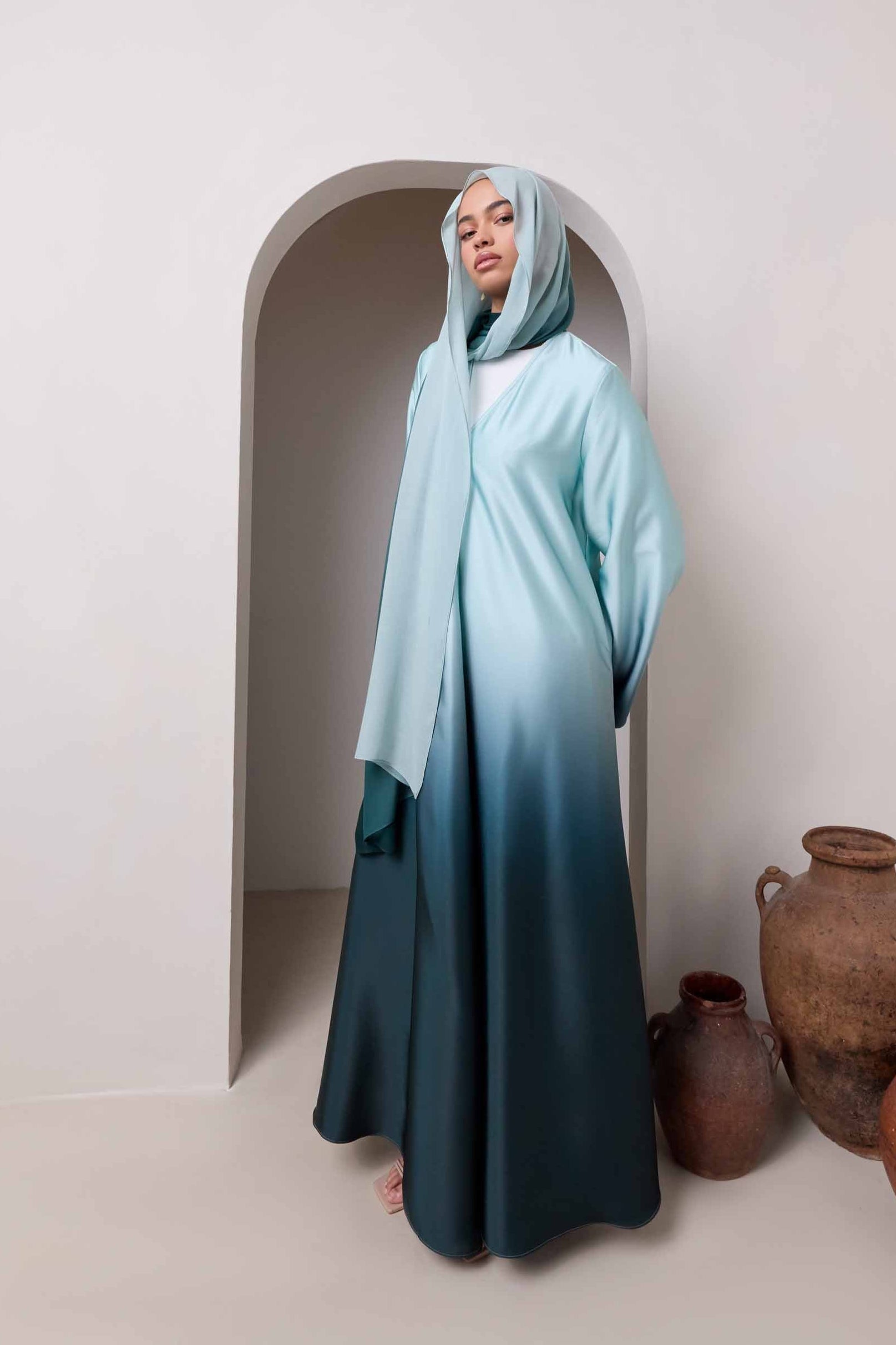Satin Ombre Open Abaya - Night Pine Abayas Veiled