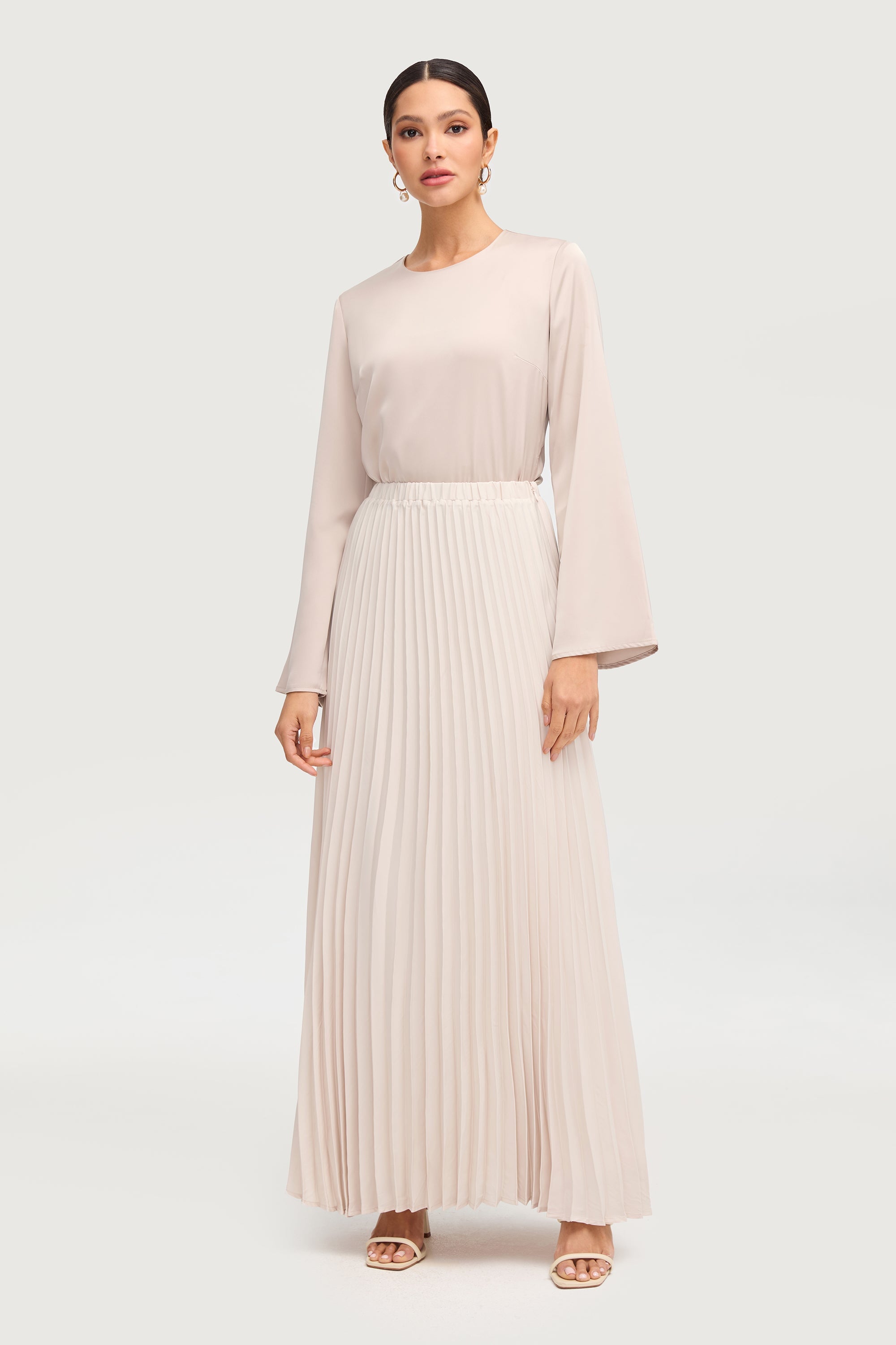 Satin Pleated Maxi Skirt - Stone Bottoms Veiled Collection