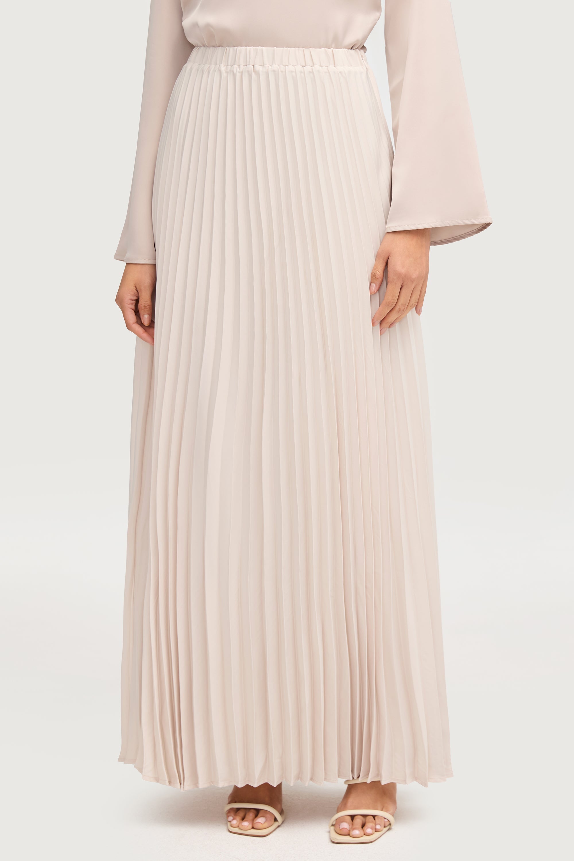 Satin Pleated Maxi Skirt - Stone Bottoms Veiled Collection