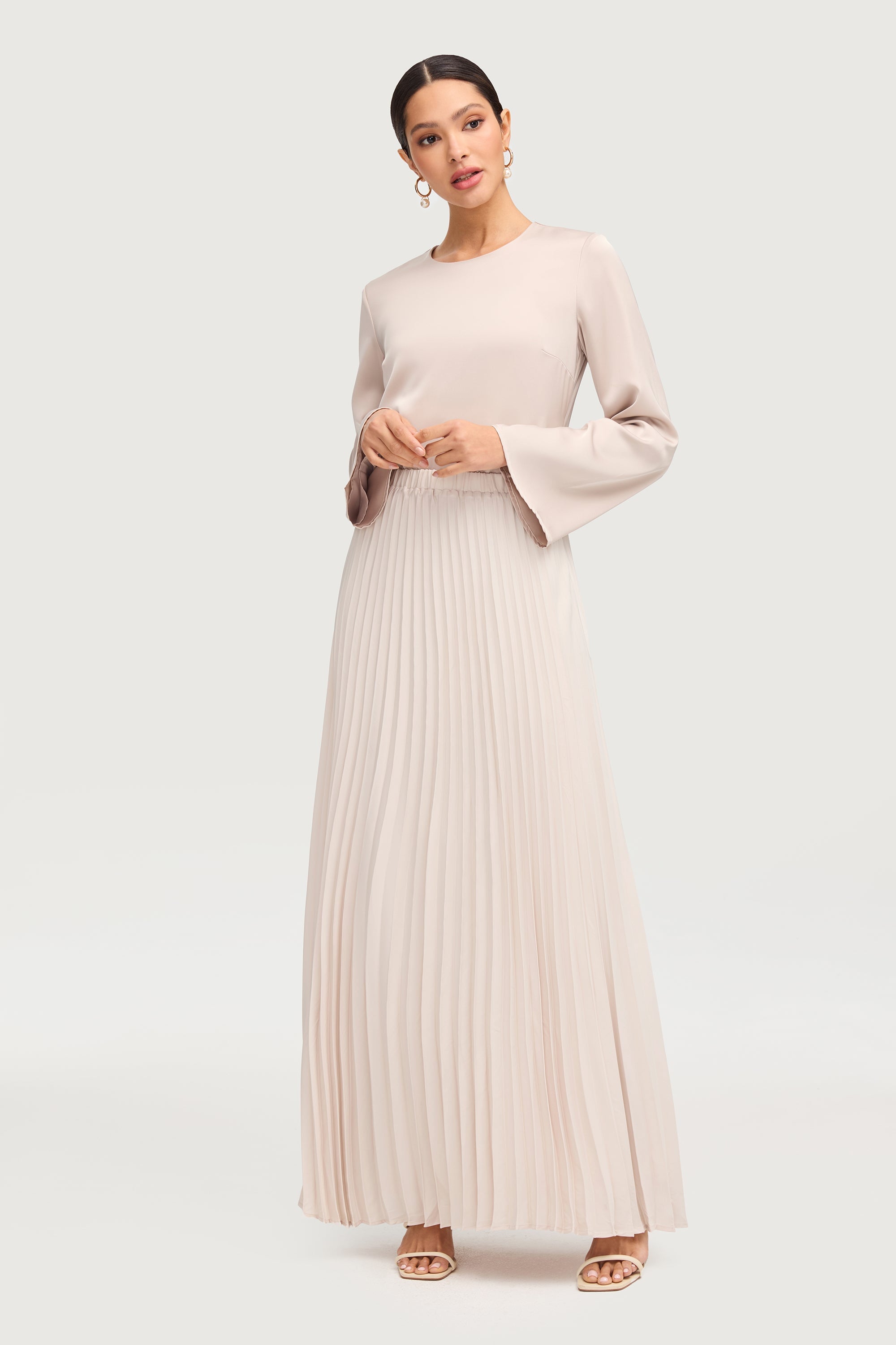 Satin Pleated Maxi Skirt - Stone Bottoms Veiled Collection