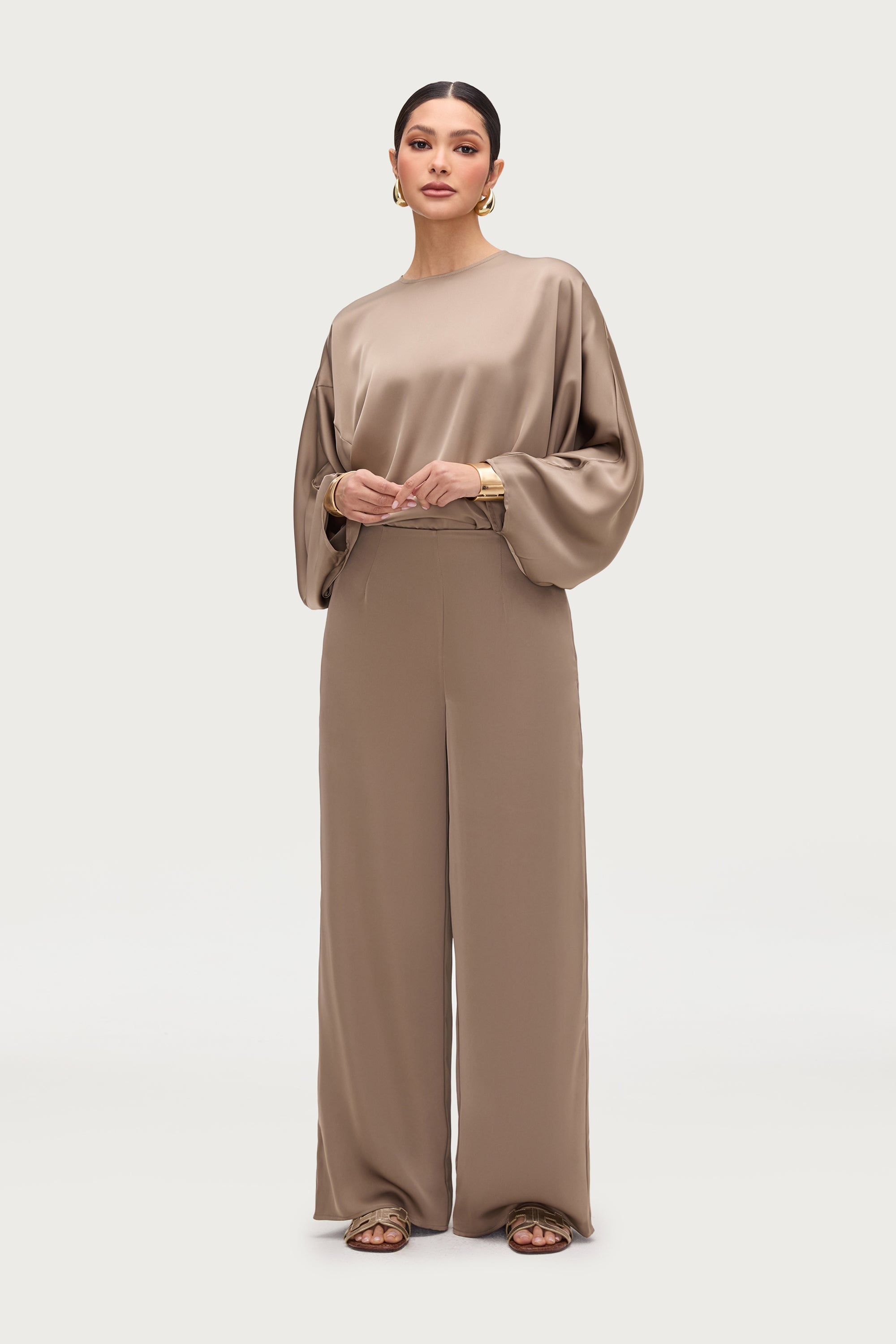 Satin Wide Leg Pants - Truffle Bottoms Veiled Collection