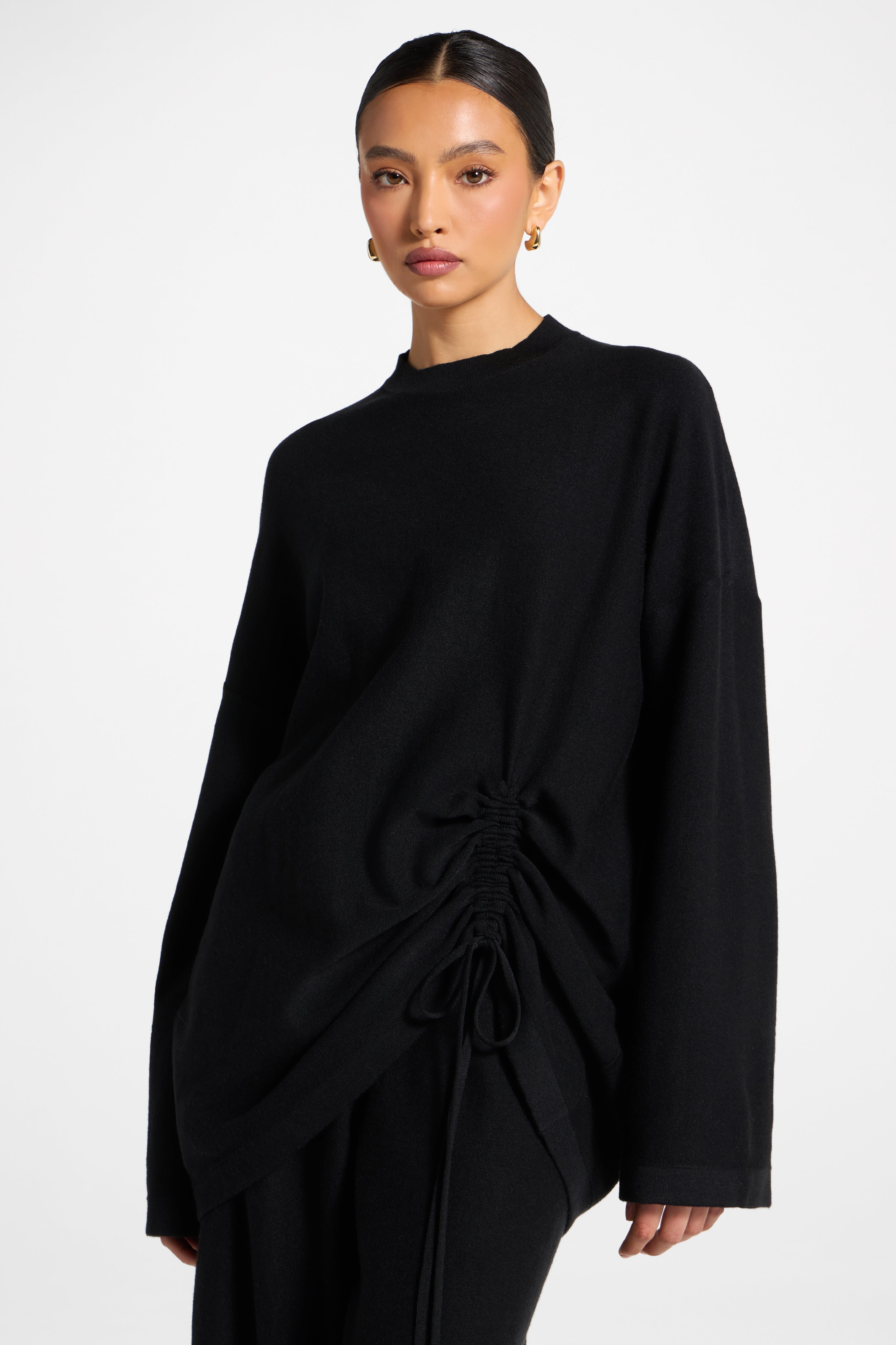 Side Rouched Knit Top & Pants Set - Black Abayas Veiled