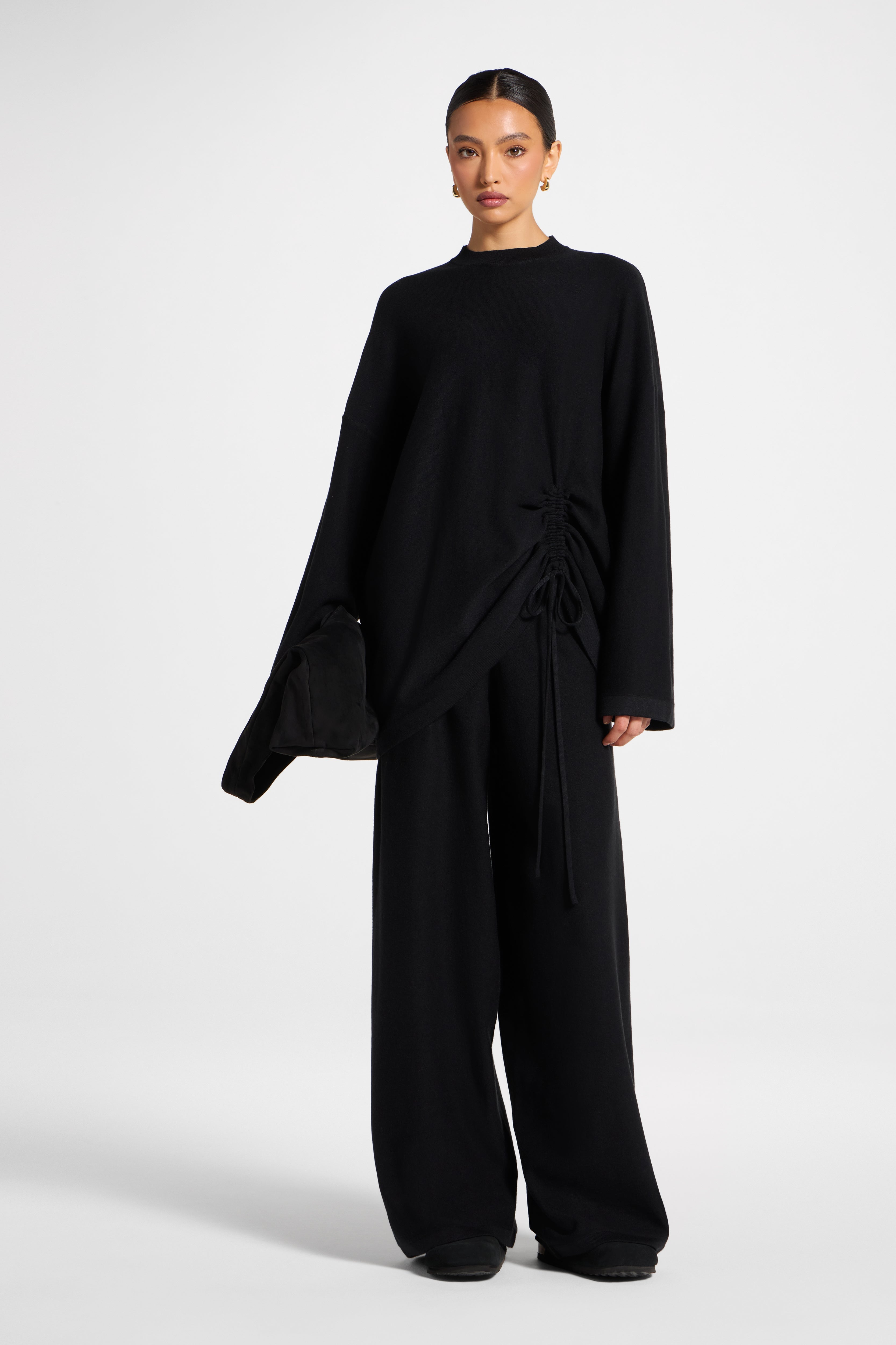 Side Rouched Knit Top & Pants Set - Black Abayas Veiled