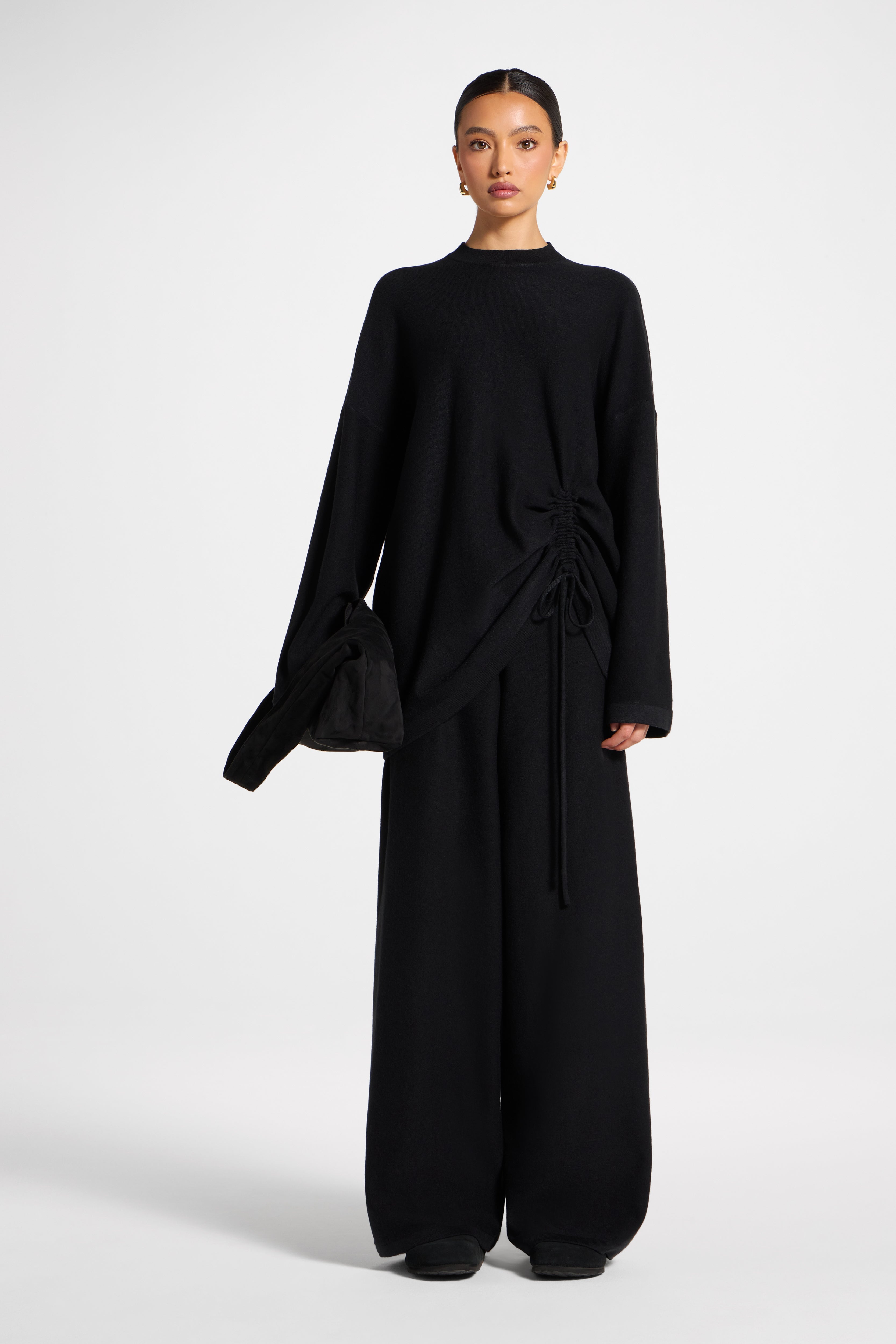 Side Rouched Knit Top & Pants Set - Black Abayas Veiled