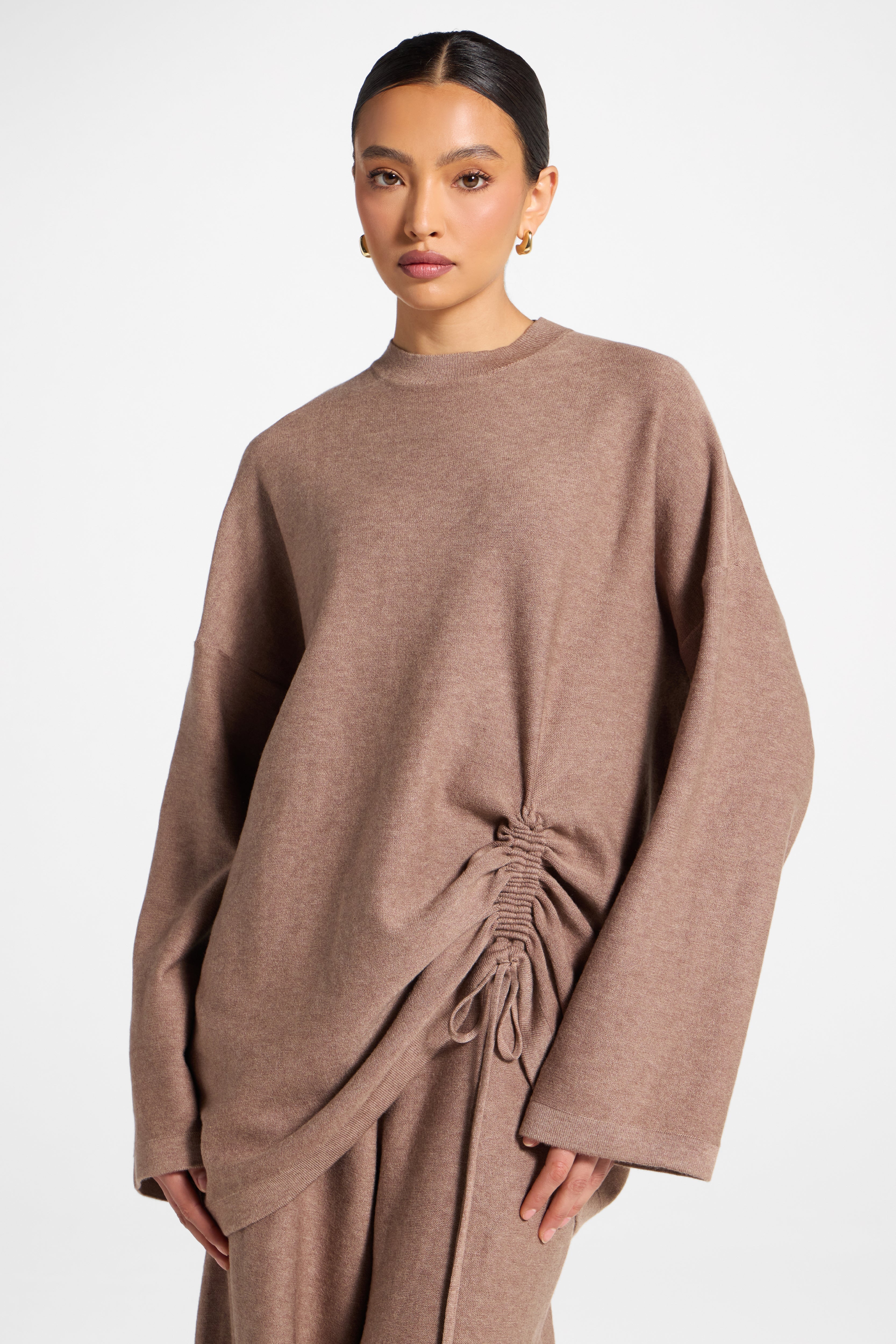 Side Rouched Knit Top & Pants Set - Brown Abayas Veiled