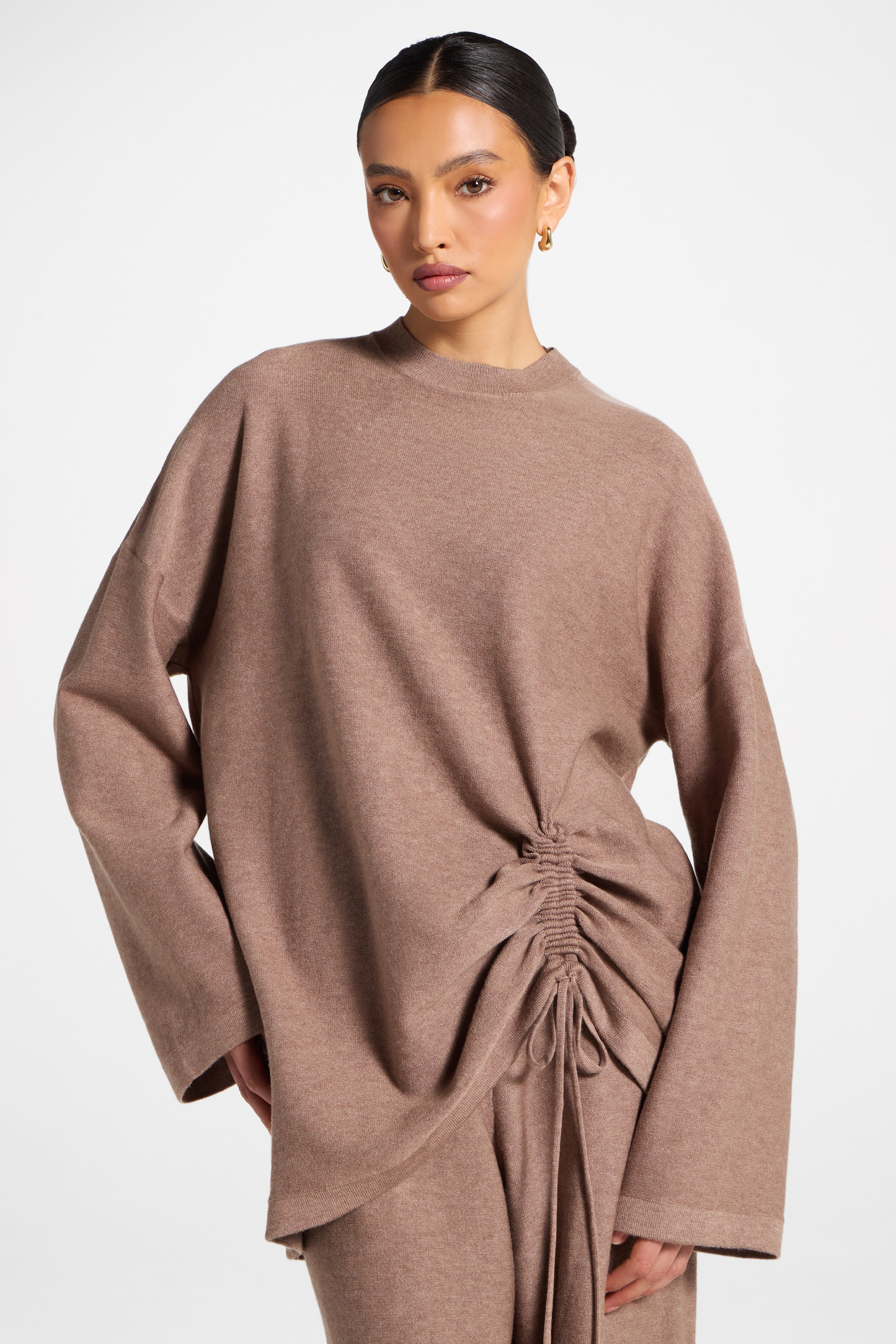 Side Rouched Knit Top & Pants Set - Brown Abayas Veiled