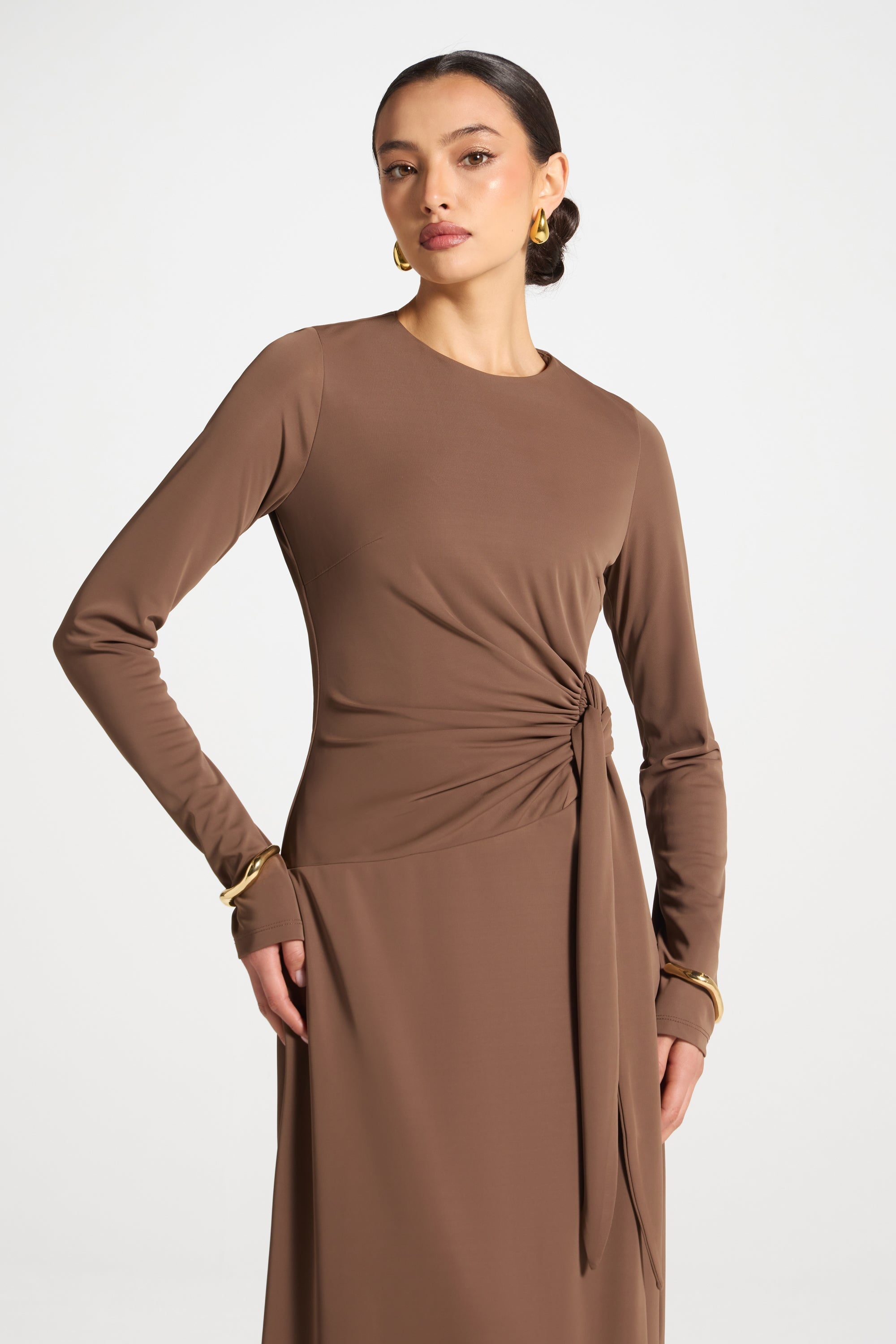 Side Tie Maxi Dress - Coffee Abayas Veiled