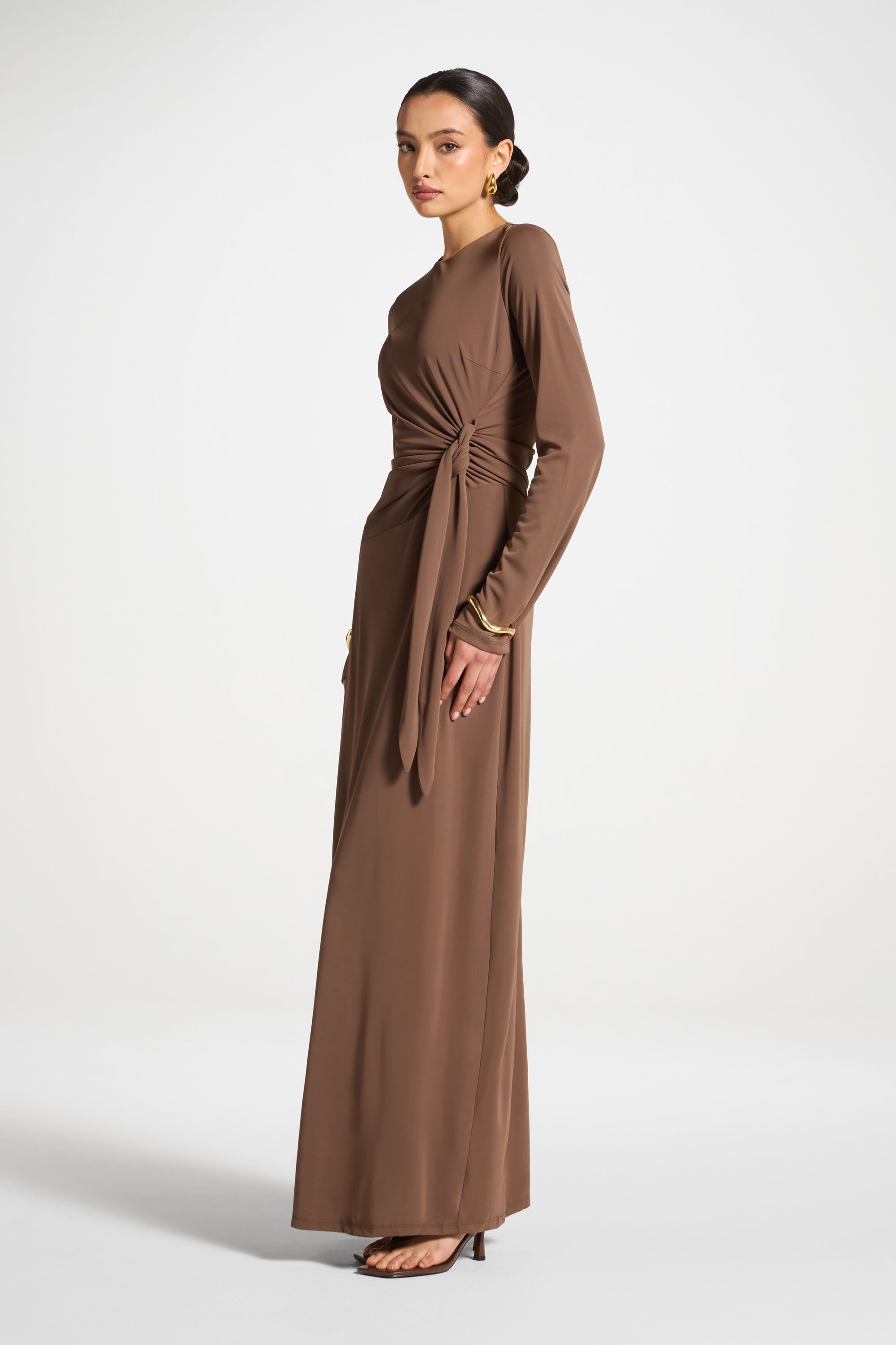 Side Tie Maxi Dress - Coffee Abayas Veiled