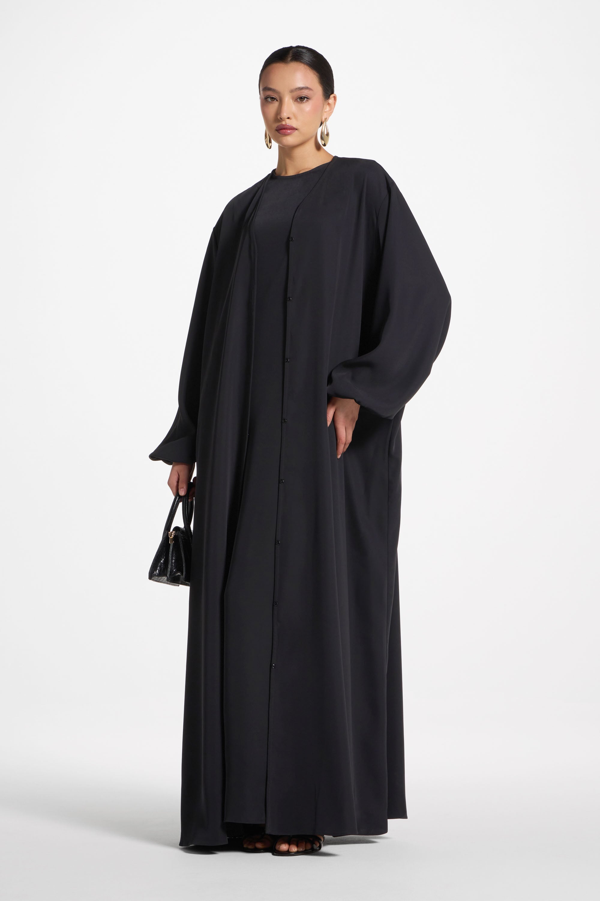 Signature Balloon Sleeve Open Abaya - Black Abayas Veiled