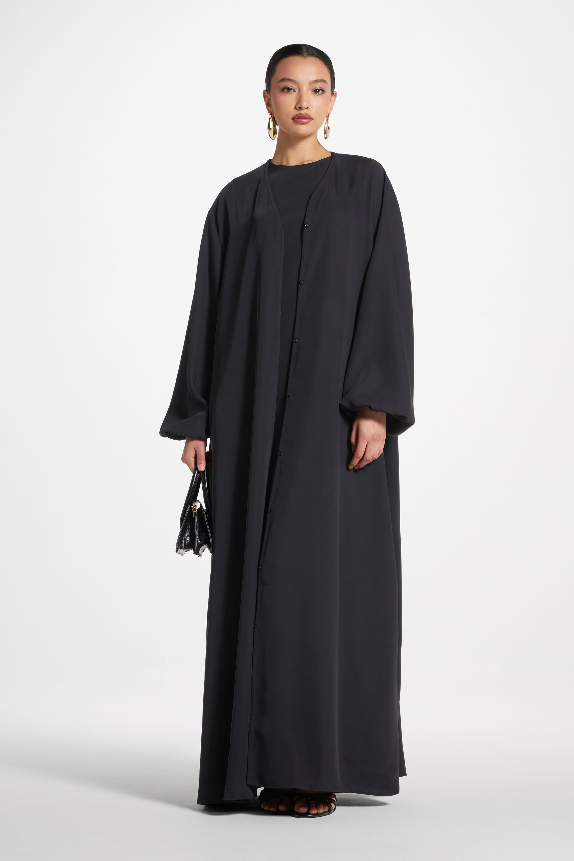 Signature Balloon Sleeve Open Abaya - Black Abayas Veiled