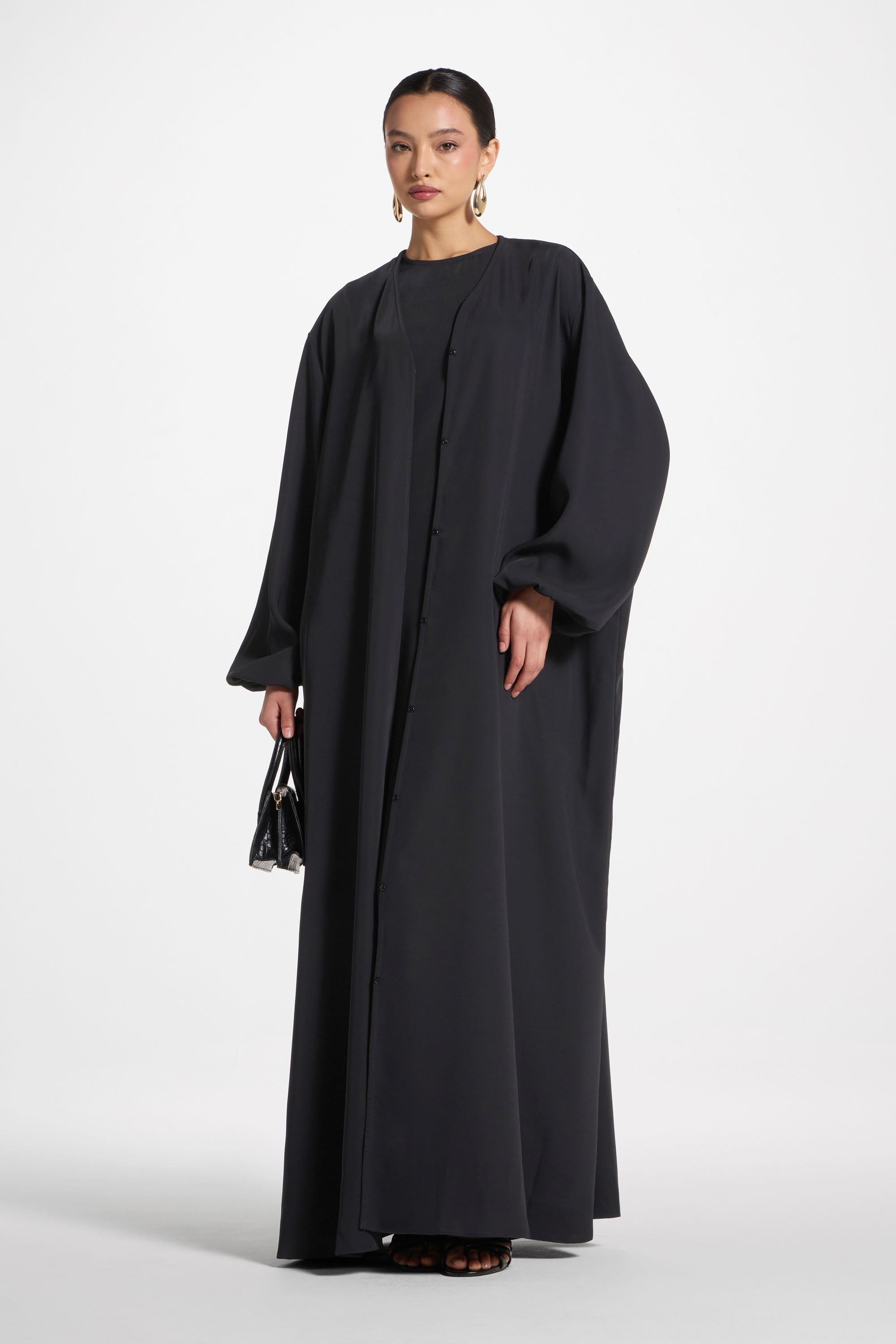 Signature Balloon Sleeve Open Abaya - Black Abayas Veiled