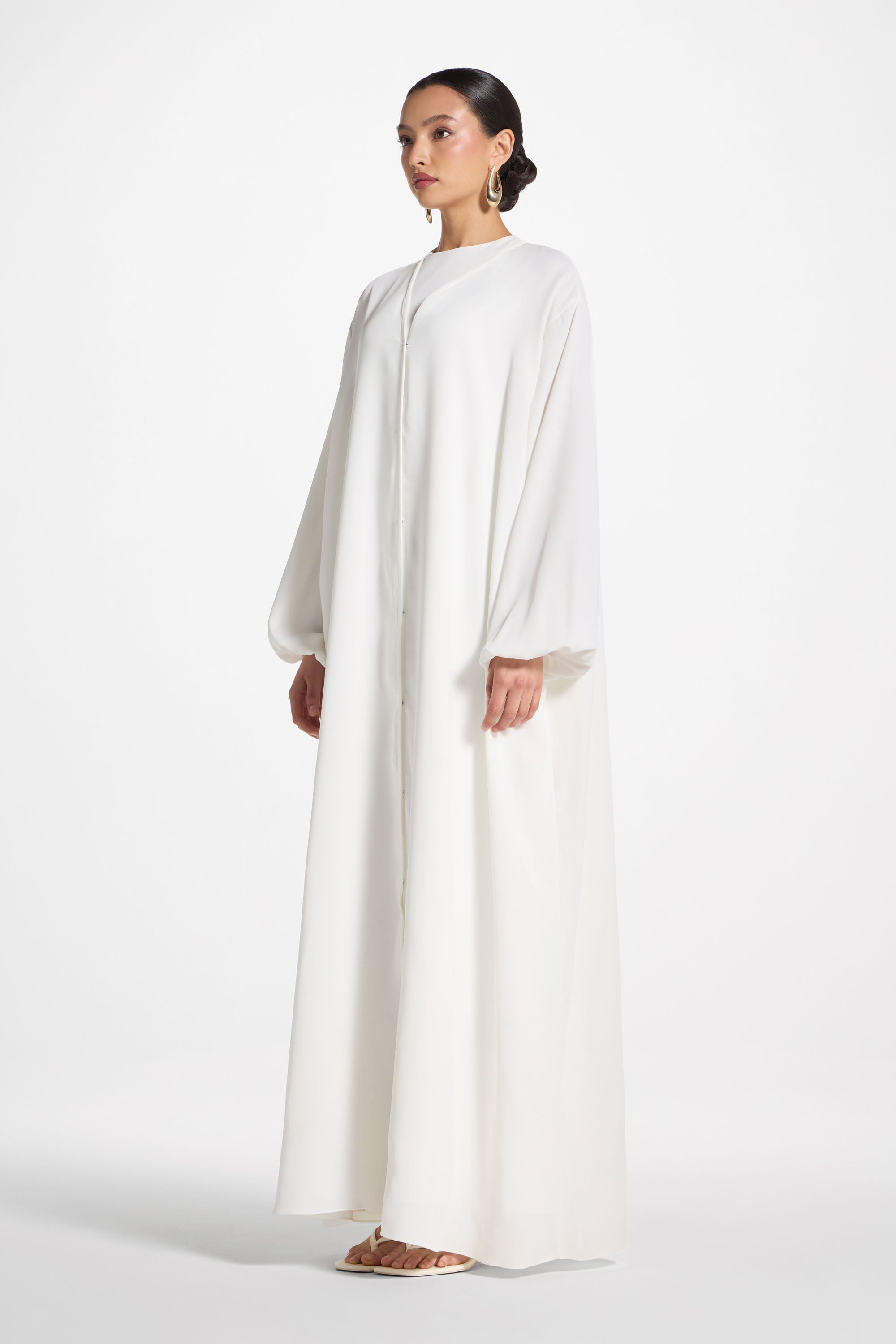 Signature Balloon Sleeve Open Abaya - White Abayas Veiled