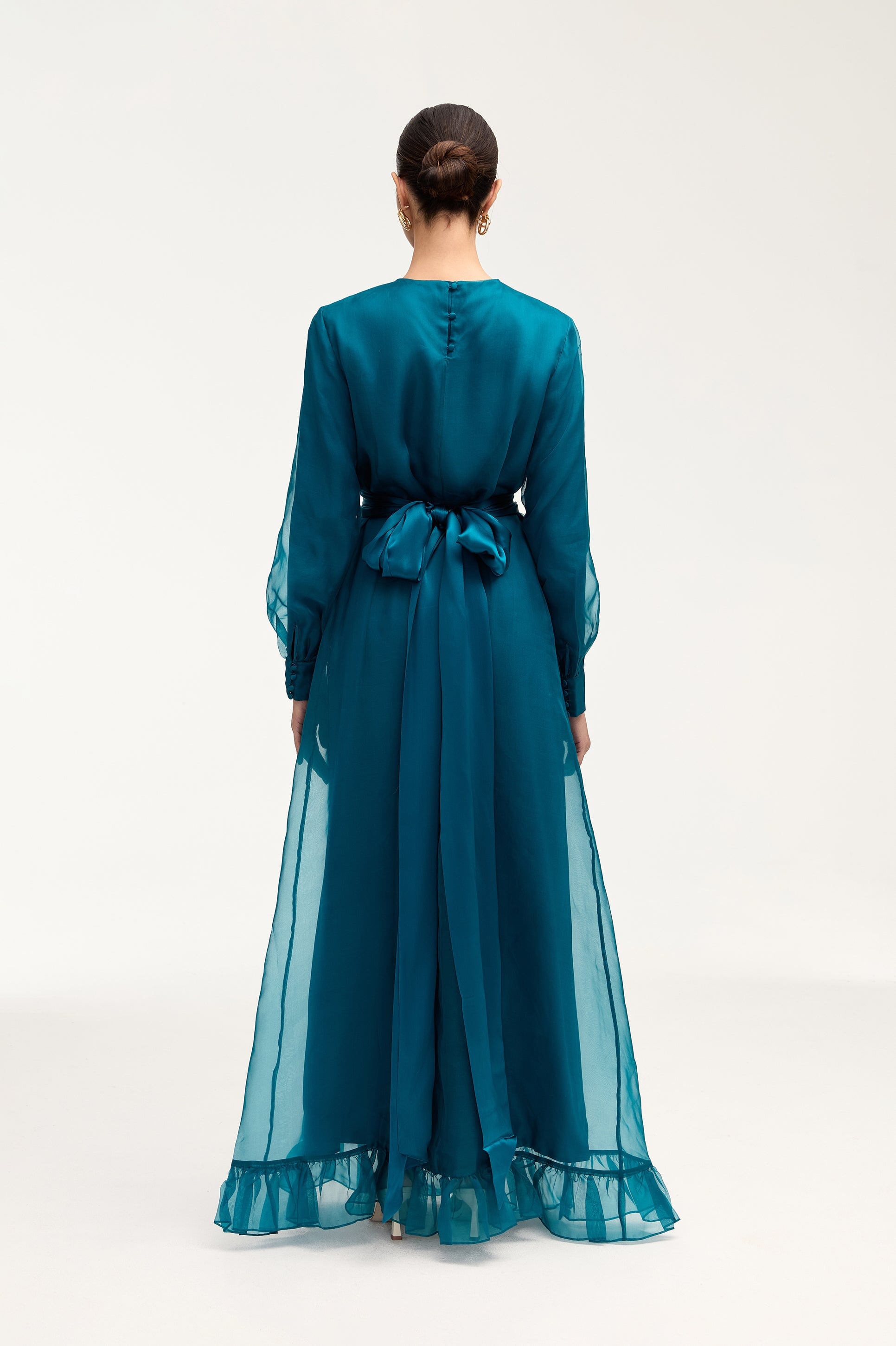Silk Organza Ruffle Trim Maxi Dress - Deep Lagoon Dresses Veiled 