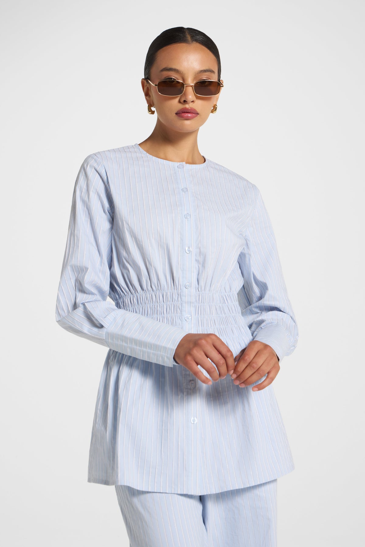 Smocked Cotton Button-Up Top - Blue Top Veiled