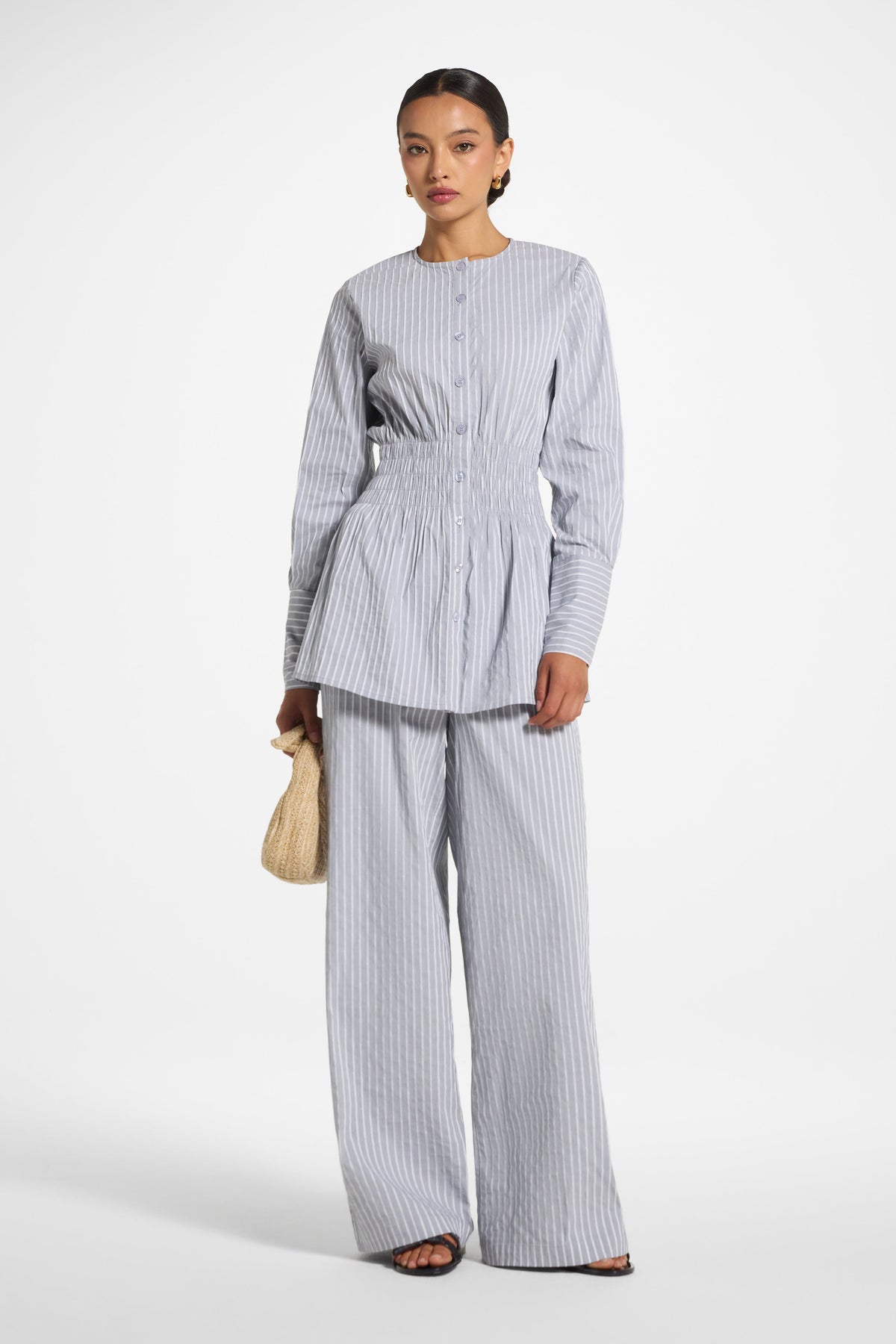 Smocked Cotton Button-Up Top - Slate Top Veiled