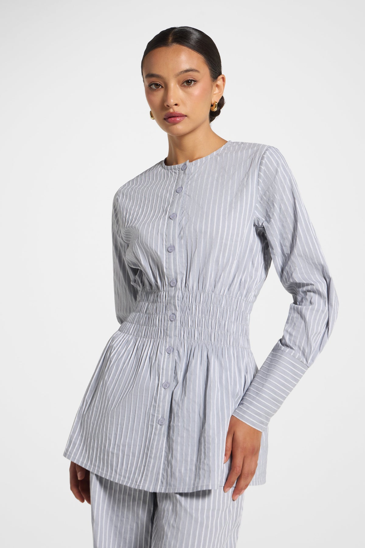 Smocked Cotton Button-Up Top - Slate Top Veiled