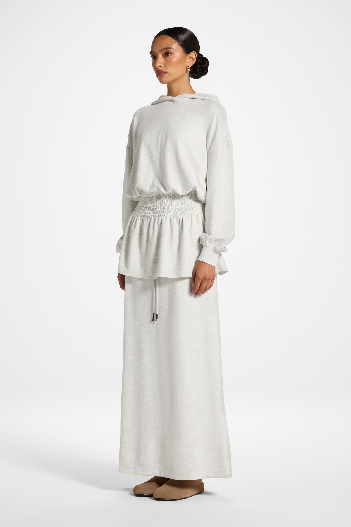 Smocked Cotton Hoodie - Light Heather Top Veiled