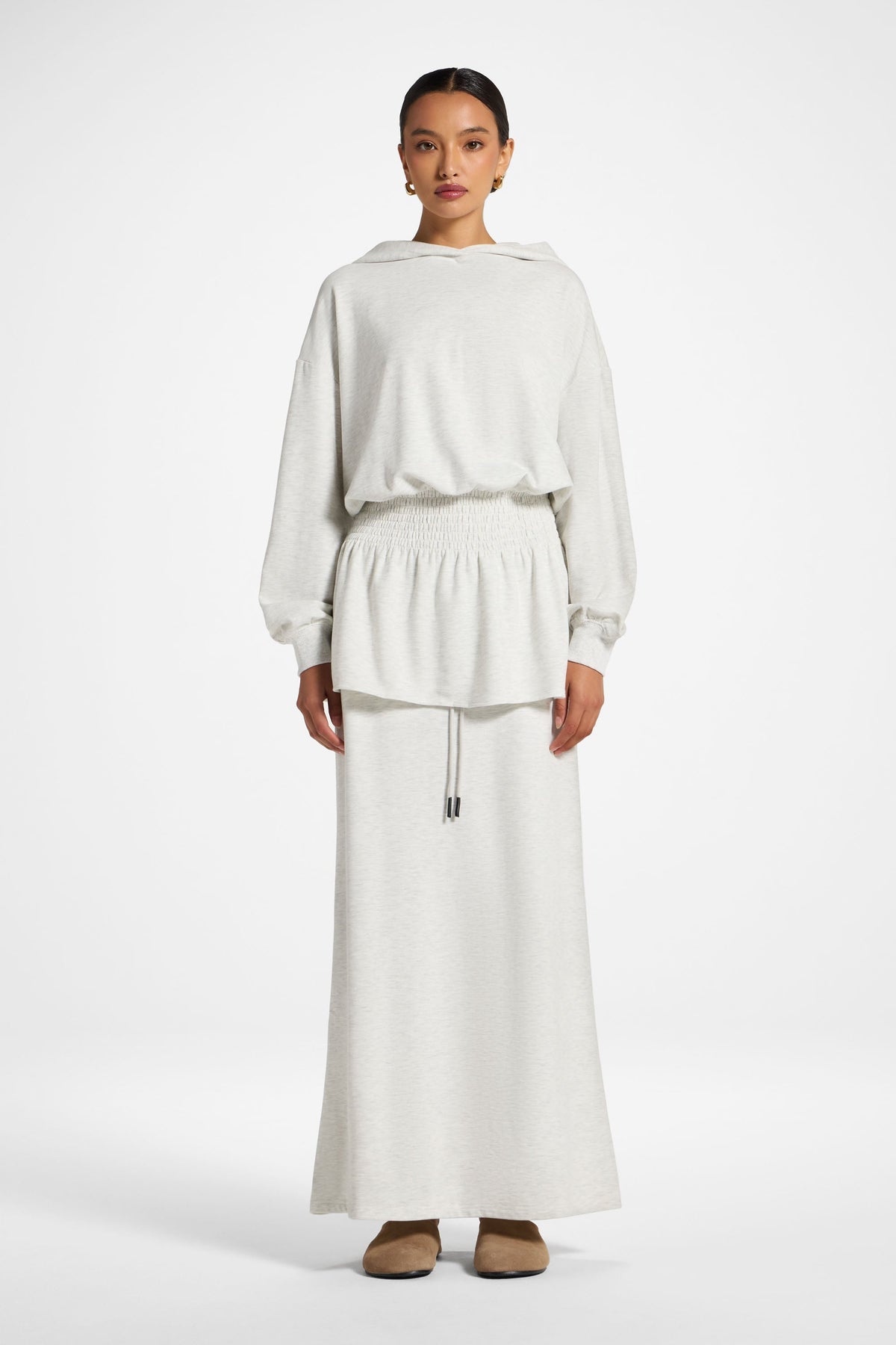 Smocked Cotton Hoodie - Light Heather Top Veiled