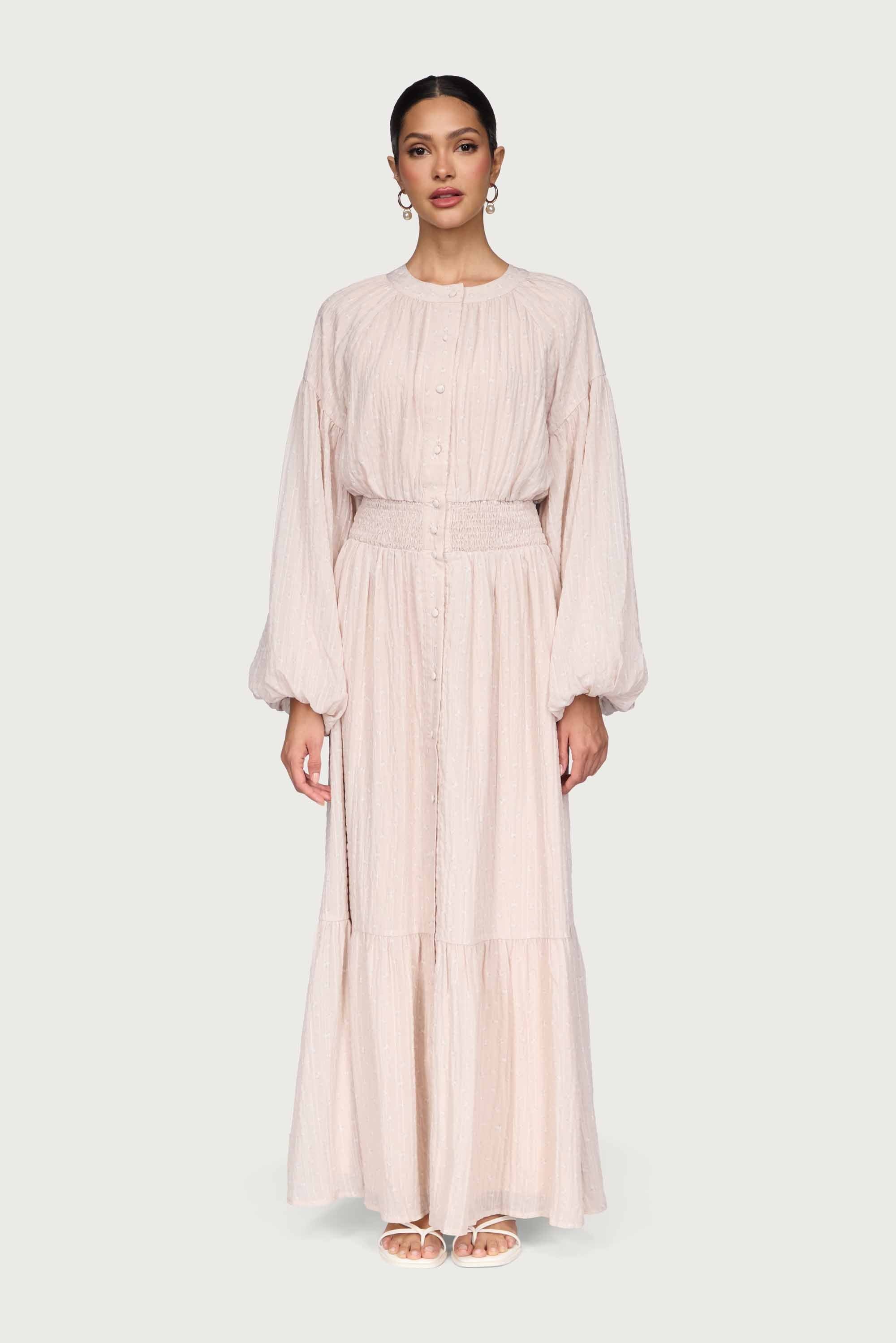 Smocked Waist Button Down Maxi Dress - Ditsy Pink Floral Dresses Veiled