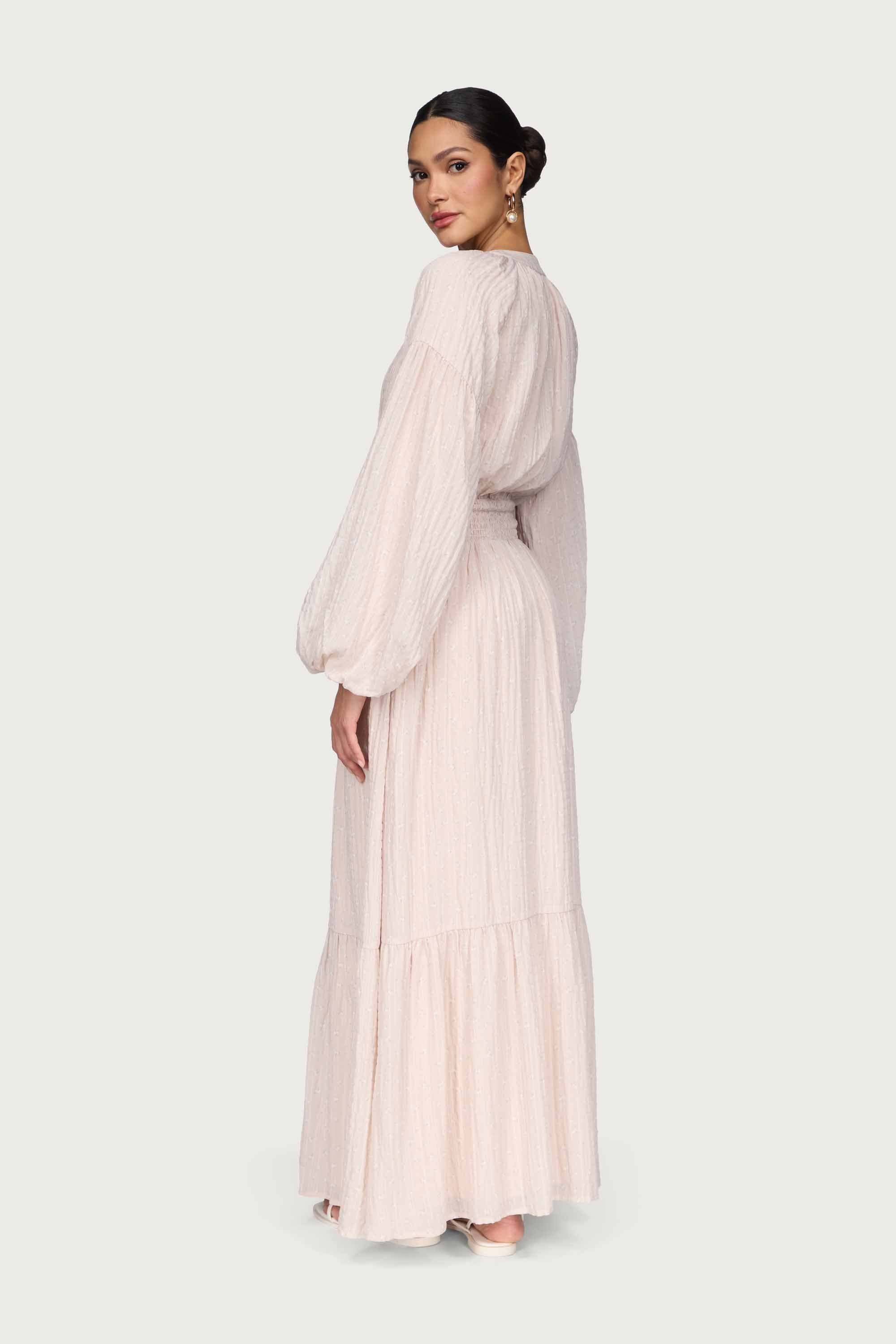 Smocked Waist Button Down Maxi Dress - Ditsy Pink Floral Dresses Veiled