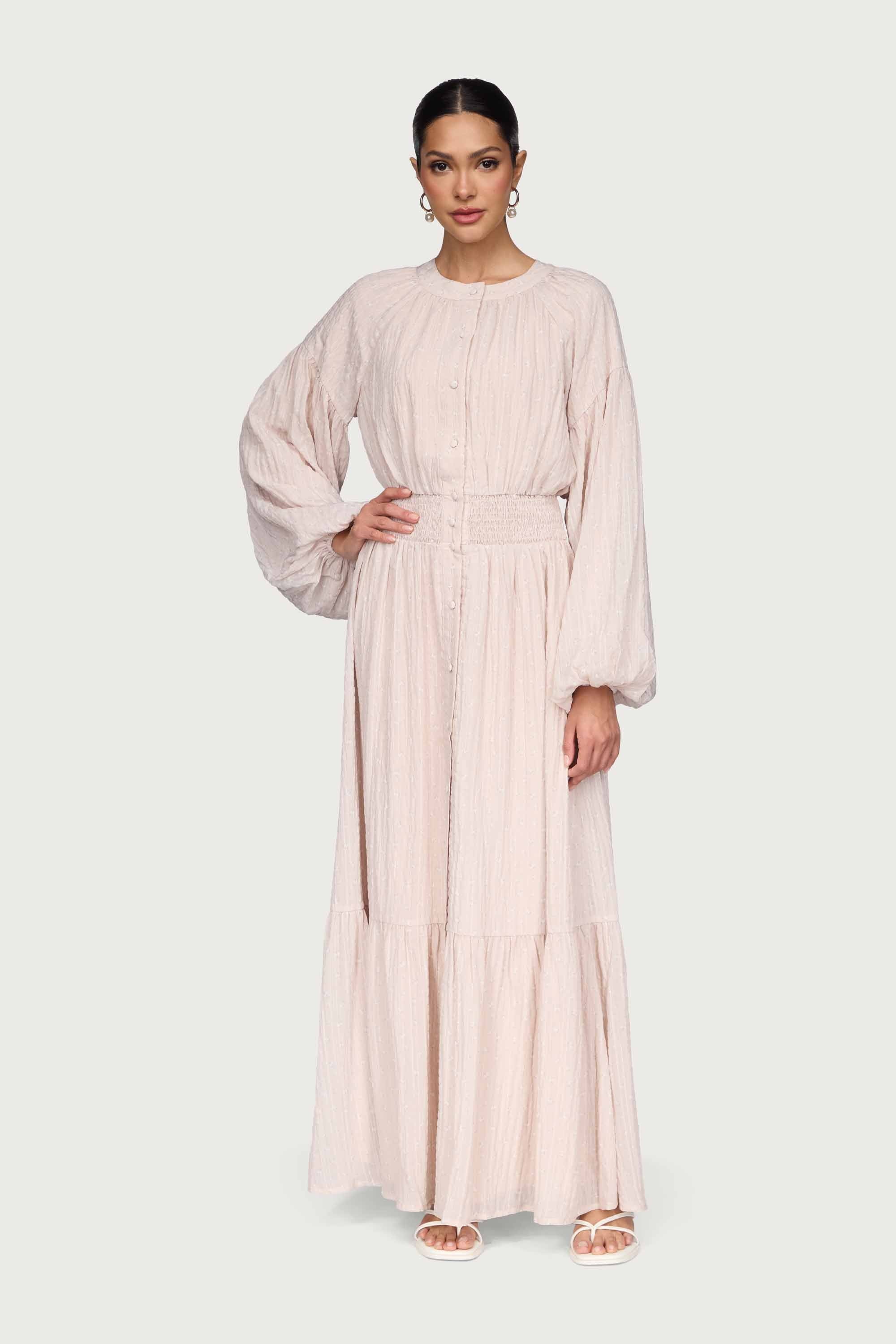 Smocked Waist Button Down Maxi Dress - Ditsy Pink Floral Dresses Veiled