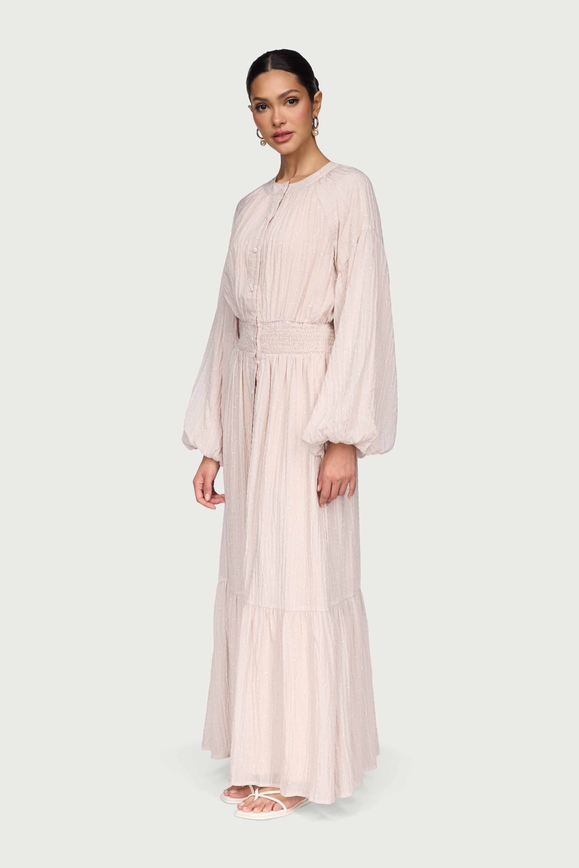 Smocked Waist Button Down Maxi Dress - Ditsy Pink Floral Dresses Veiled