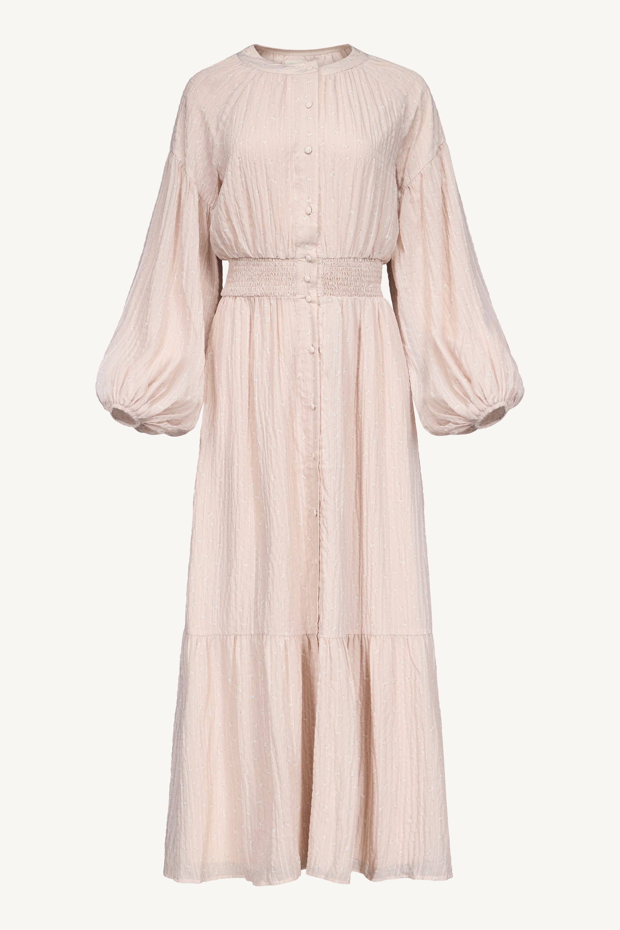 Smocked Waist Button Down Maxi Dress - Ditsy Pink Floral Dresses Veiled