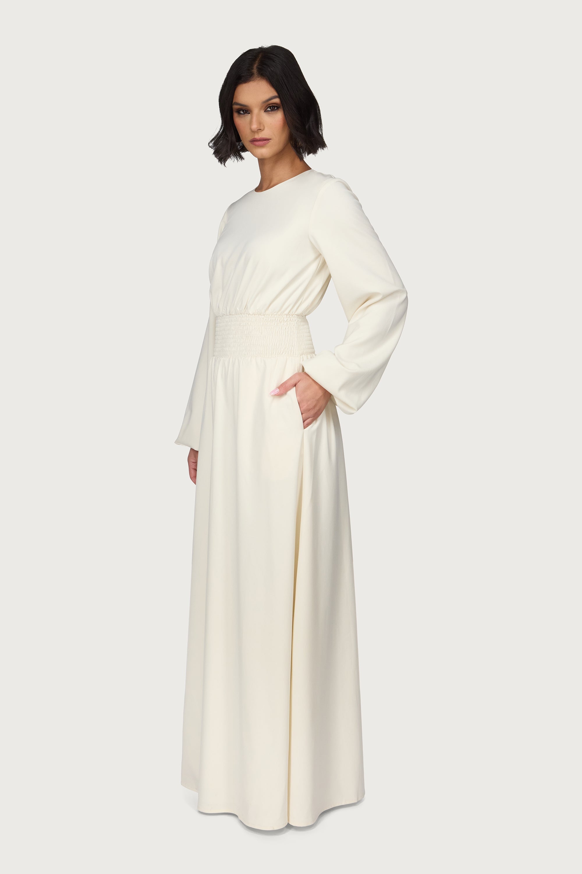 Smocked Waist Dress - Bone Abayas Veiled